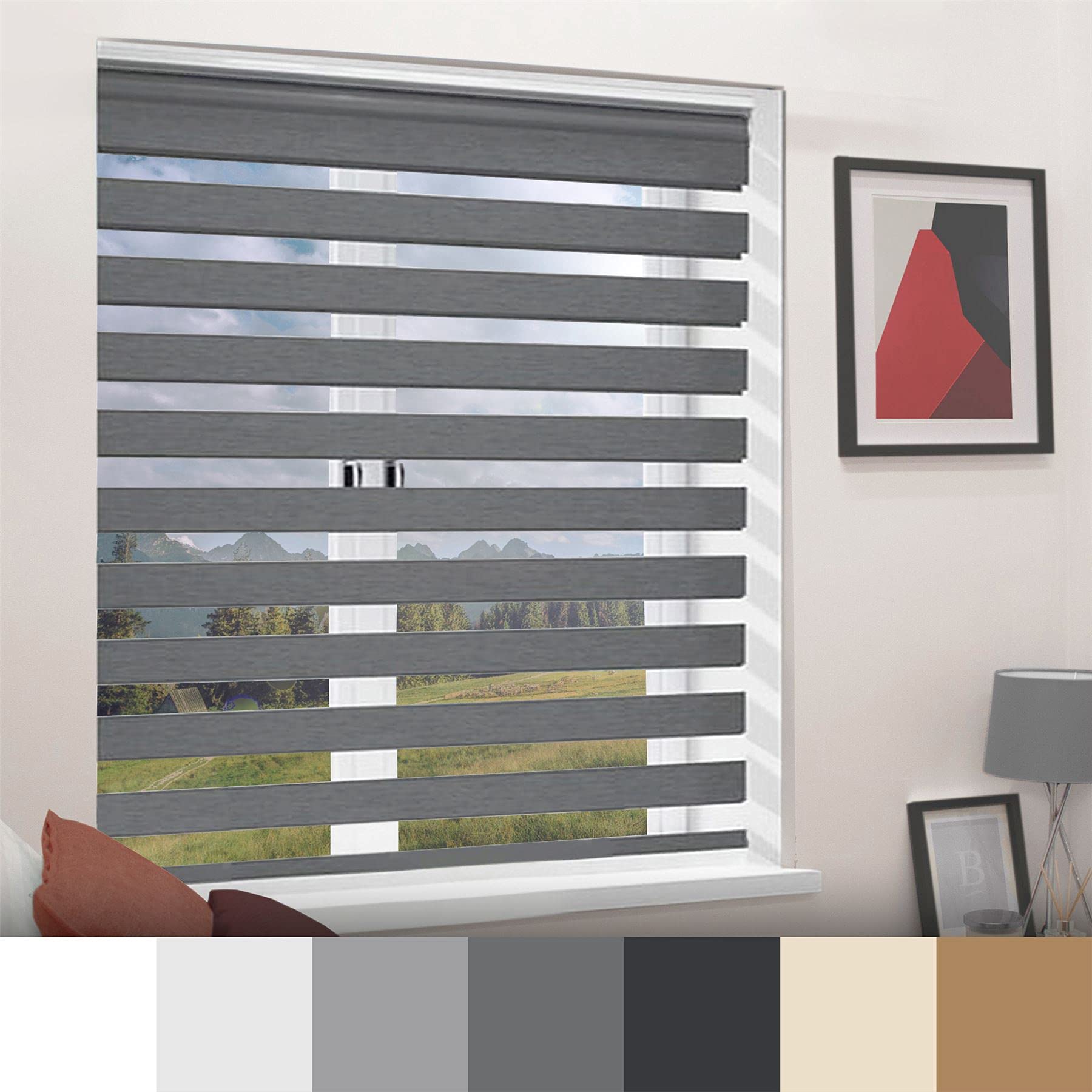Dark Grey Day Night Zebra Roller Blind Dual Layer Fabric Blackout Aluminium Rail Easy Fit Home Office Bedroom Kids Room Easy Fit 180cm Width