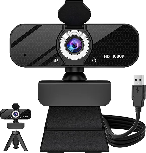 GOZVRPU 1080P HD Webcam with Built-in Microphone, Rotatable Tripod, Wide-Angle Lens,Privacy Cover, Auto Light Correction, Plug & Play USB-A Webcam for Laptop, Desktop, PC, Streaming-Black