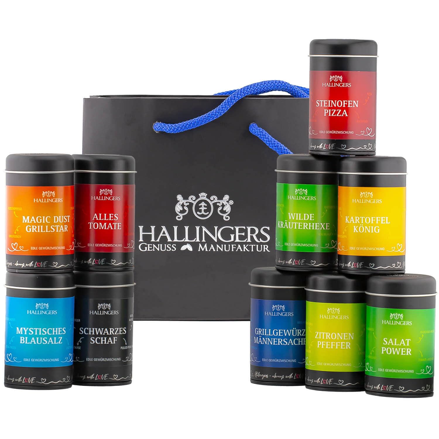 Hallingers Genuss Manufaktur Gewürz Geschenk-Set - Selektion unserer Besteller als Probierset in edlen Aromadosen & Tragetasche "Best of Hallingers", Geschenkidee für Frauen Männer