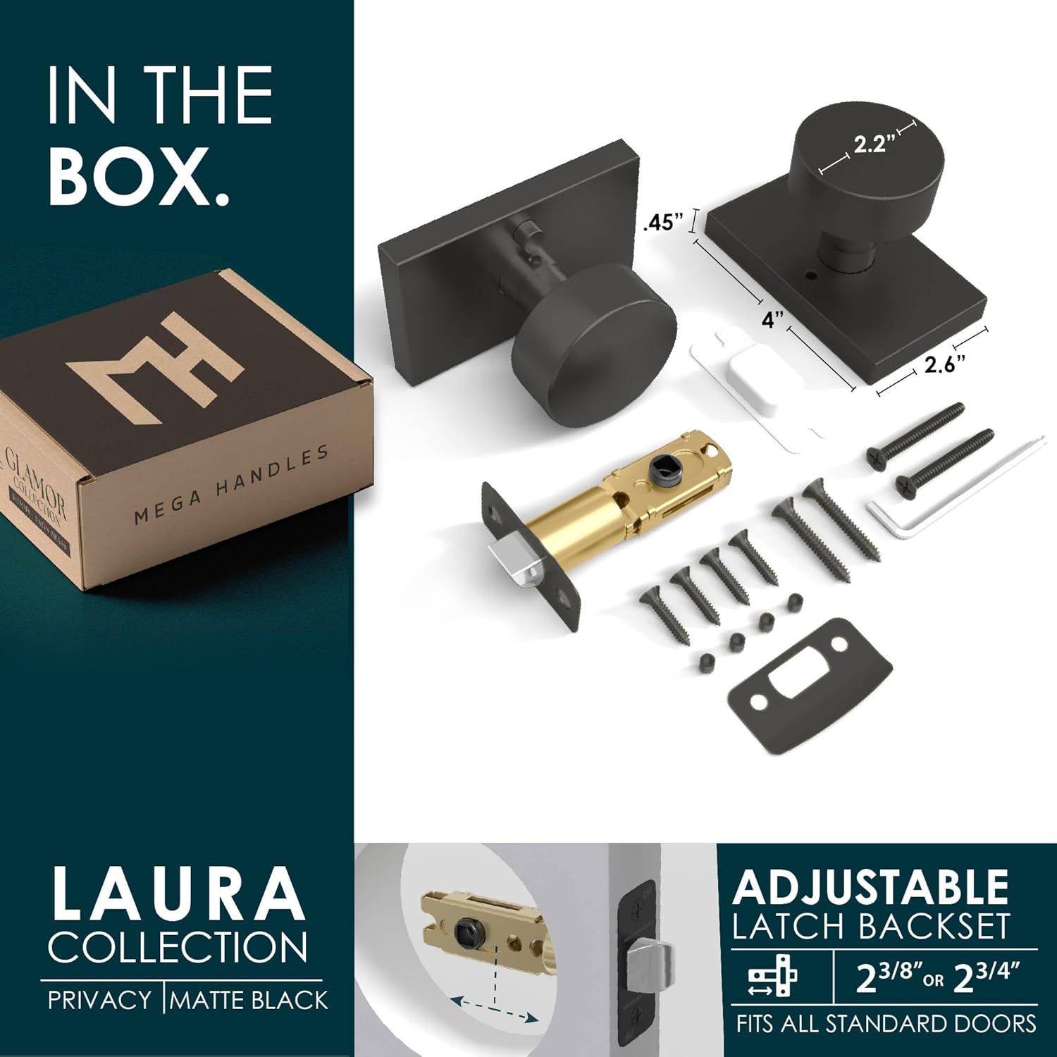 Mega Handles Laura Dummy + Privacy Door Knob - Fits All Standard Door Sizes - Matte Black
