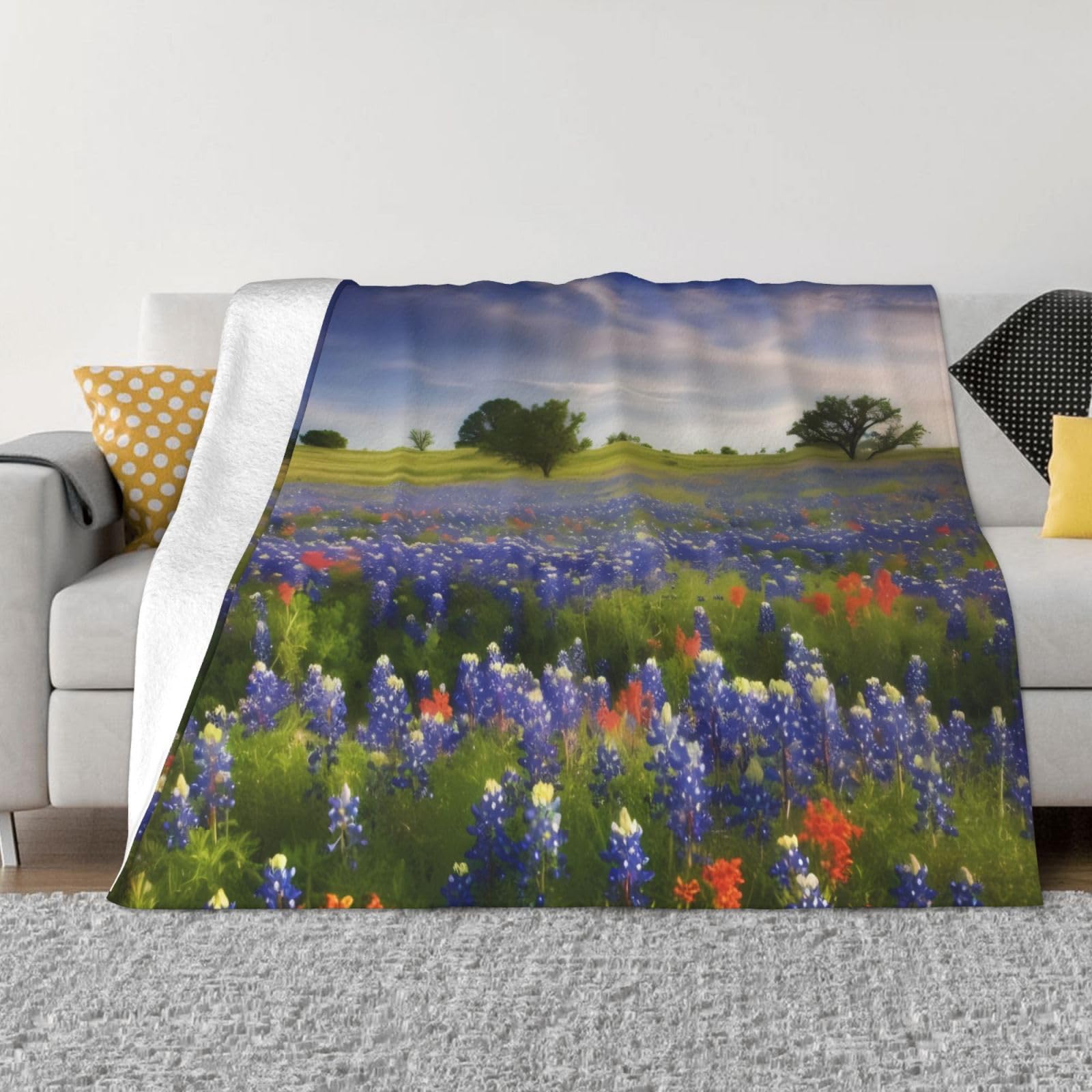 KLOPH Texas Bluebonnets Scenery Throw Blanket 40"x30" Flannel Fluffy Warm Blanket for Couch, Reversible Plush Blankets for Bed, Comfy Fuzzy Blanket for Sofa, Plush Lightweight-Blankets for All Season