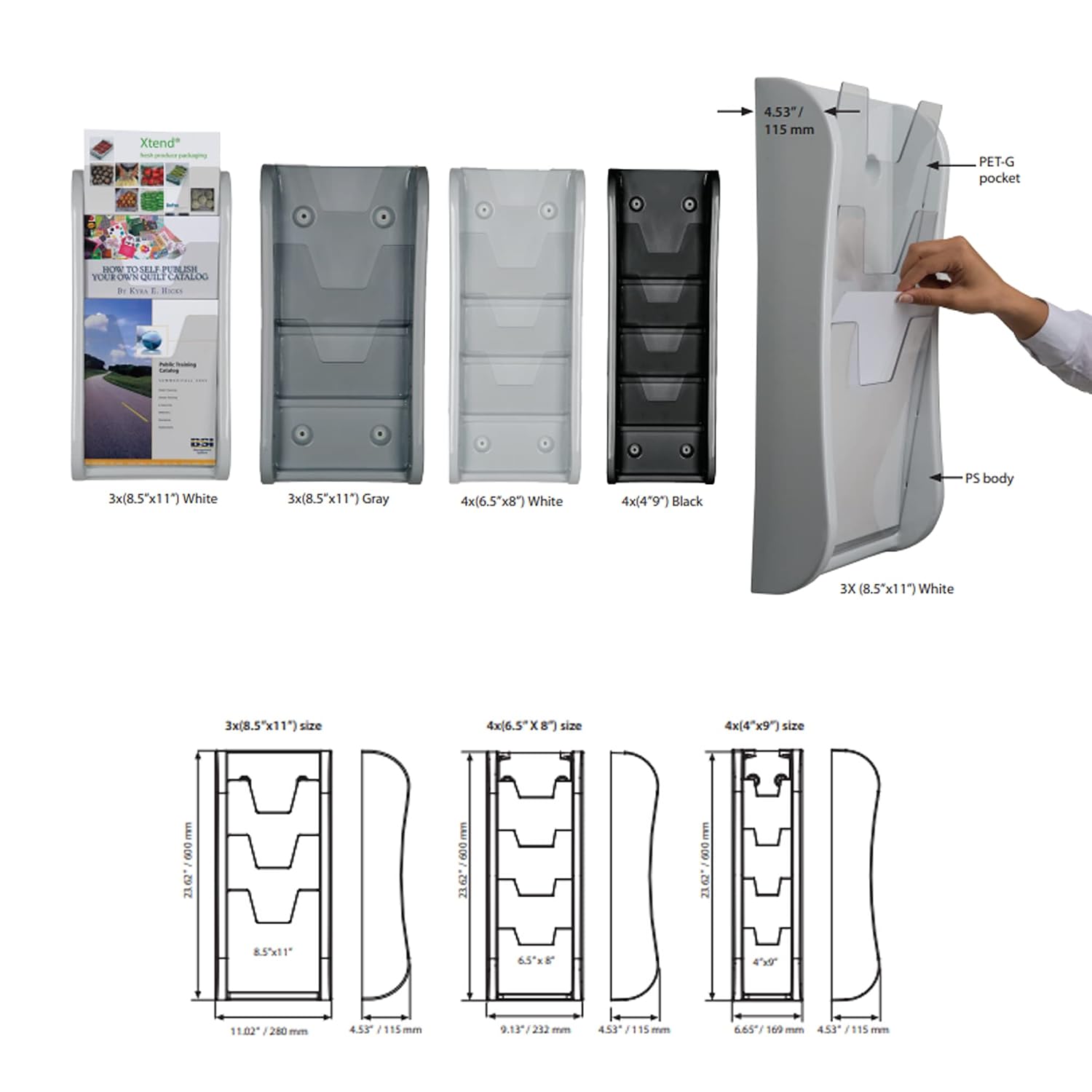 M&T Displays Wall Unit 3 Tier 8.5x11 inch Wall Mounting Plastic Clear PET Pocket Brochure File Organizer Office Document Magazine Folder Rack Portrait Indoor Gray - Image 3