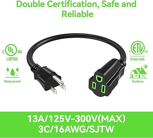 Miniatura 2 de Cable de extensión de alimentación de 2 pies24 pulgadas (paquete de 5), cable de extensión eléctrico corto de 3 clavijas, salida única, resistente,