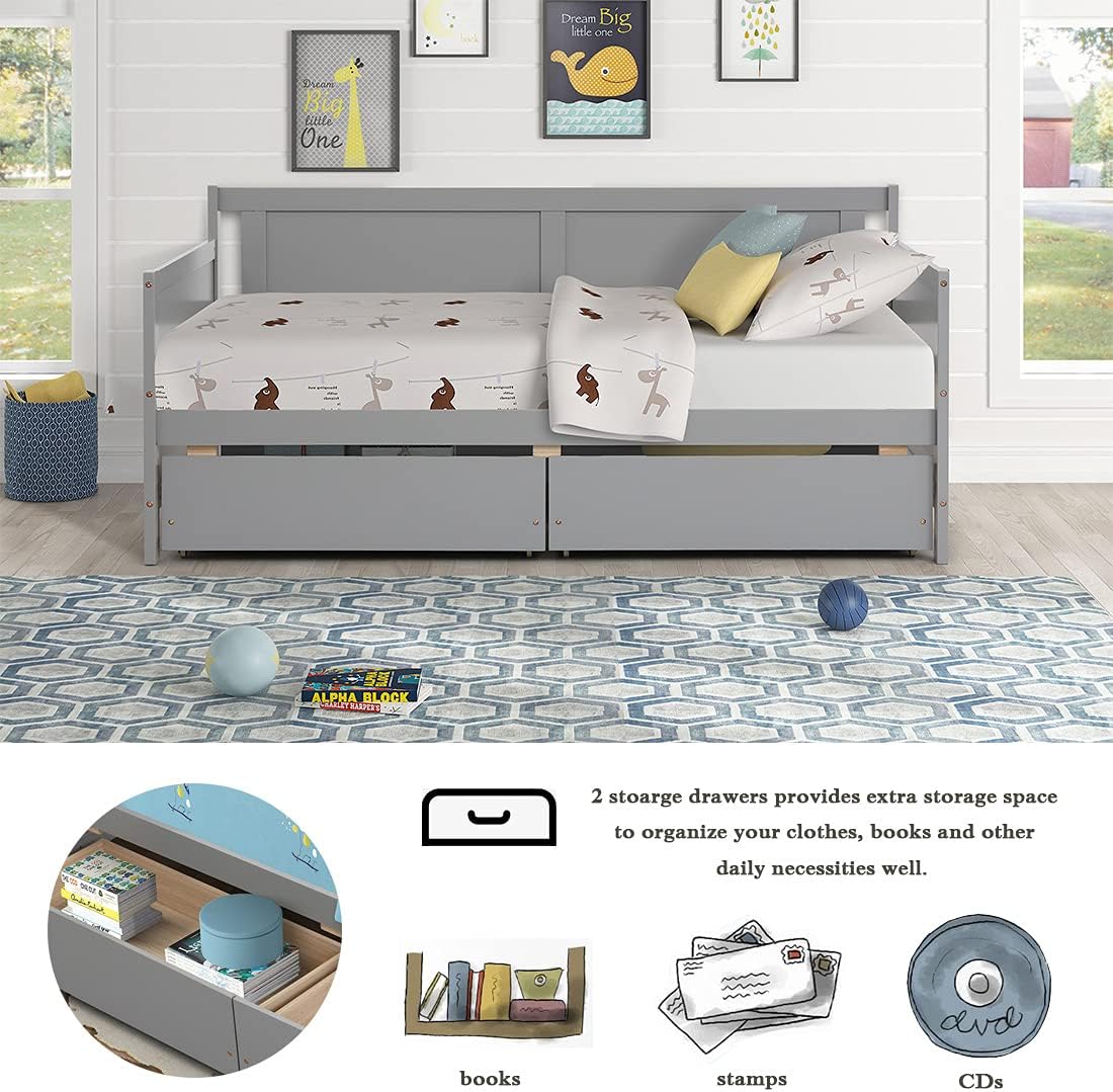 KINFFICT Twin Daybed Frame with 2 Storage Drawers, Wood Twin Captains Bed Frames with Wood Slat Support for Kids Adults, No Box Spring Needed, Easy Assembly (Twin Daybed, Gray)