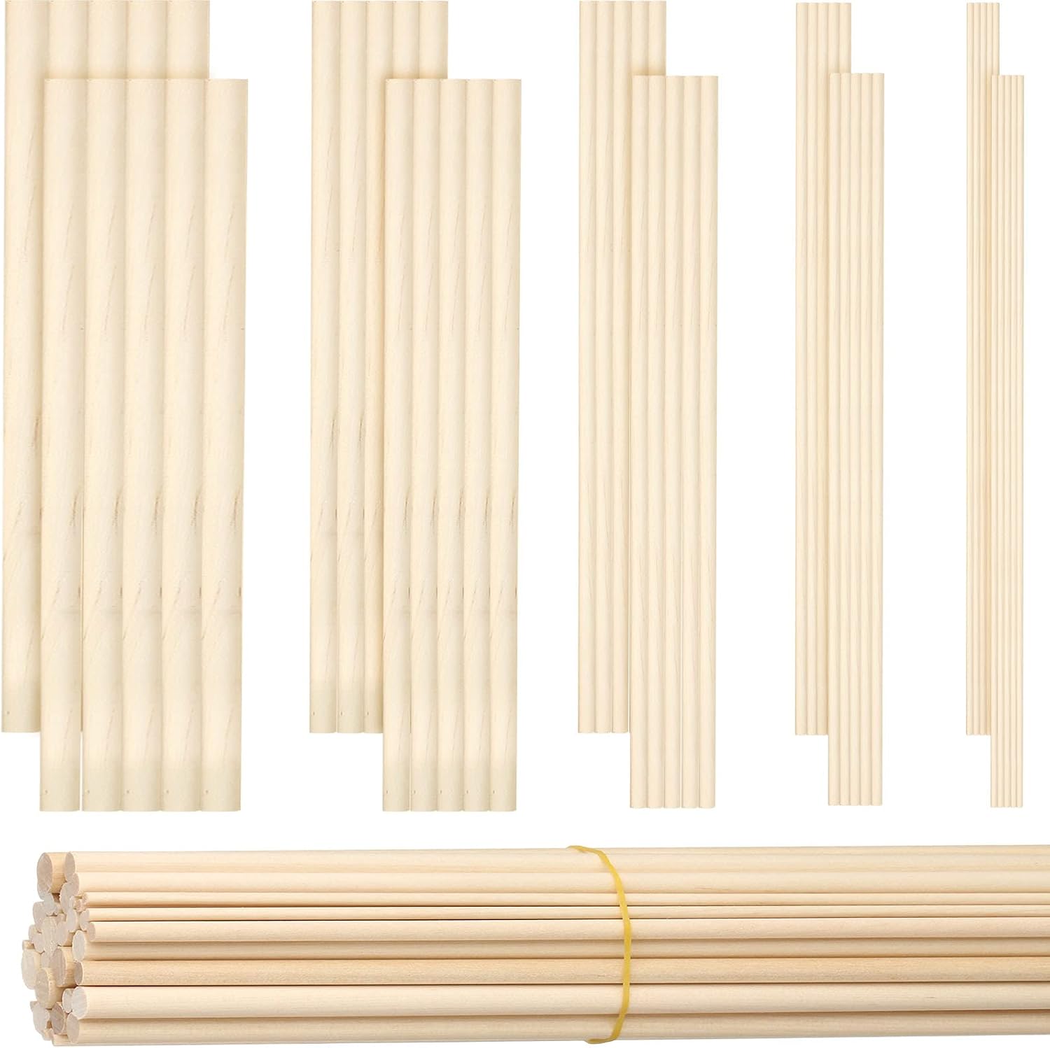 100 Pieces Wood Dowels Assorted Sizes Dowel Rods for Crafting Wood Sticks 1/8, 3/16, 1/4, 5/16, 3/8 x 6 Inch Unfinished Dowel Small Round Hardwood Sticks for DIY Lover Wedding Christmas Ribbon, 5 Size