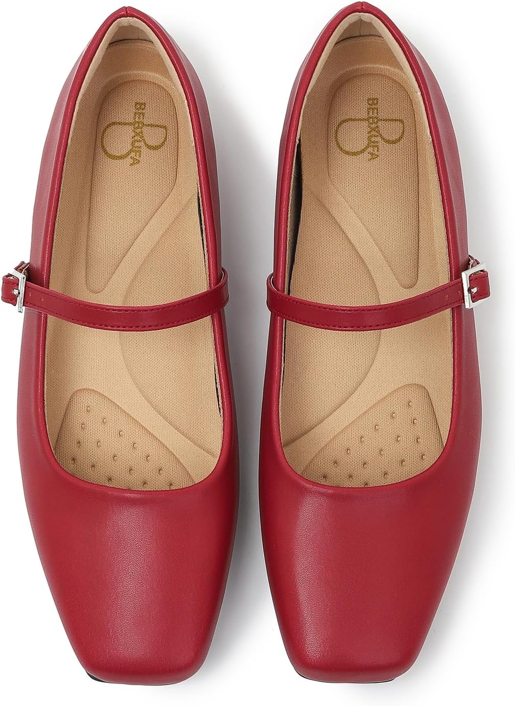 Women's Square Toe Mary Jane Ballet Flats Shoes with Adjustable Strap, Slip On Comfortable Work Flats, Soft Leather Dressy Shoes
