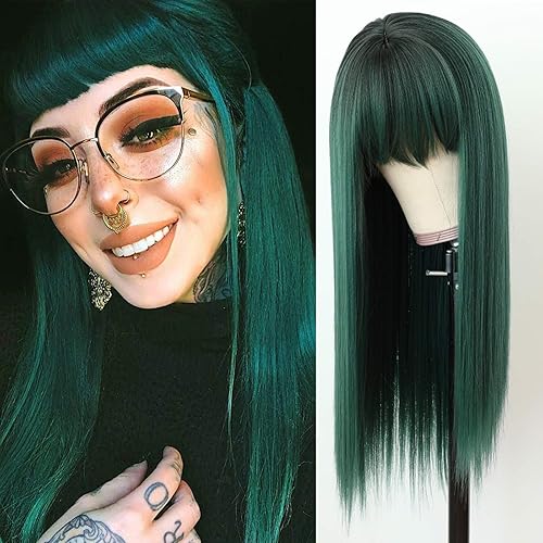 TaBeWay Silky Straight Synthetic Replacement Hair Wig Green Ombre Silk Base Wig With Bang Heat Resistant None Lace Wigs for Fashion Women