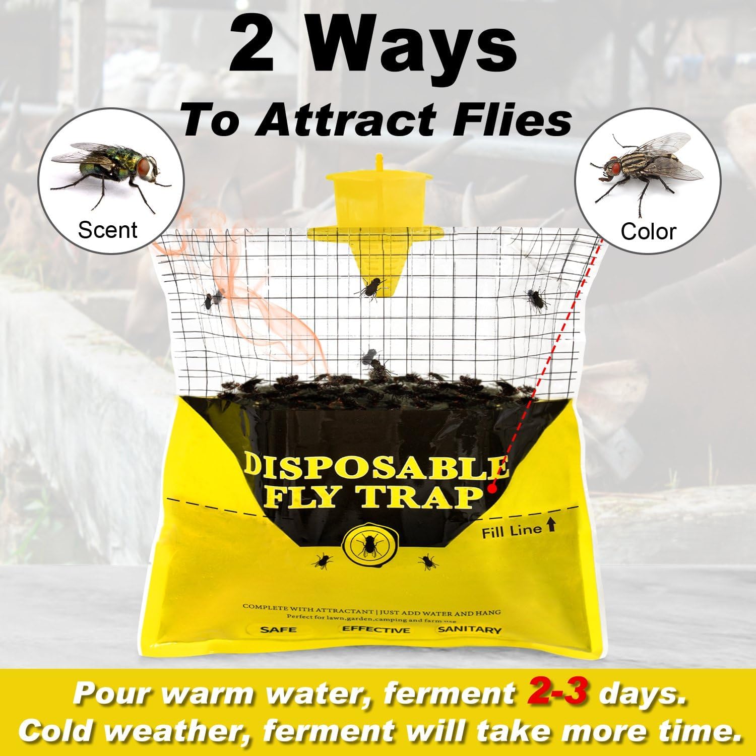 Glovv Fly Traps Outdoor Hanging with Fly Bait, 8 Pack Disposable Bags Hunter Ranch Trap, Pre-Baited Flies Bags Flies Control Bug Catcher Killer Repellent for Stable Horse Barn & Farm, All Filth Flies