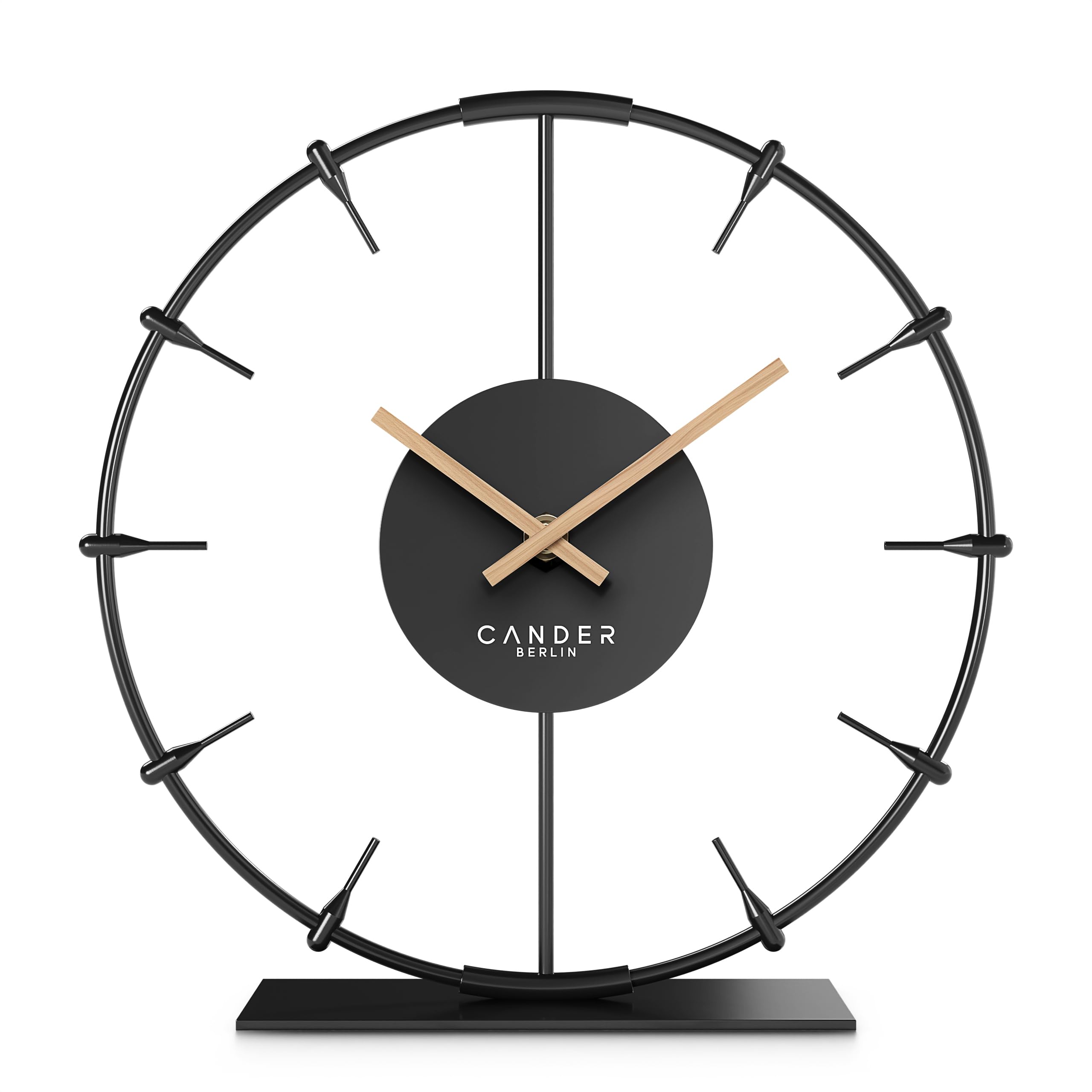Cander Berlin Ilmera Reloj de mesa silencioso de 22 cm, metal, manecillas de madera, sin ruido de tictac, moderno, negro, salón, cocina, vintage