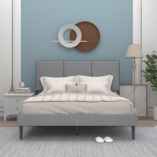 CNANXU Marco de cama tapizado tamaño Queen de tela de lino con cabecero marco de soporte de listones de metal sin ruido no necesita somier