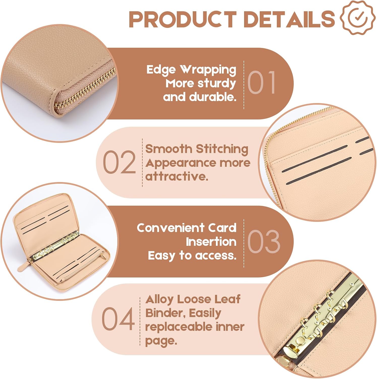 SEEKIND A6 Budget Binder, Money Saving Binder with Zipper Envelopes, PU Leather Wallet Budget Planner,Cash Envelopes and Expense Budget Sheets for Budgeting(Beige) image 4