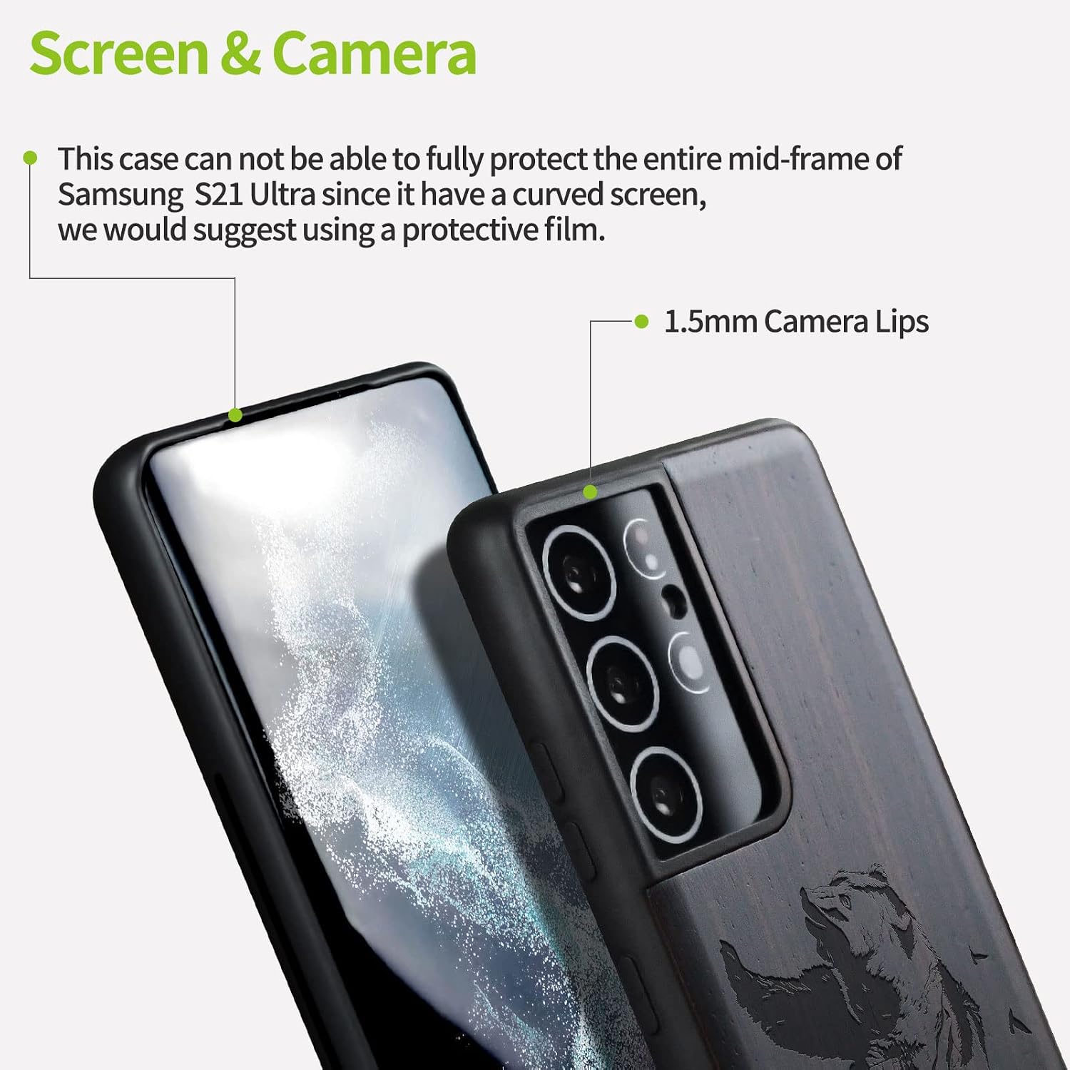 Carveit Wood Case for Galaxy S21 Ultra Case [Natural Wood & Black Soft TPU] Shockproof Hybrid Protective Unique Wooden Cover Compatible with Samsung S21 Ultra 5G (Bear and Valleys-Blackwood)