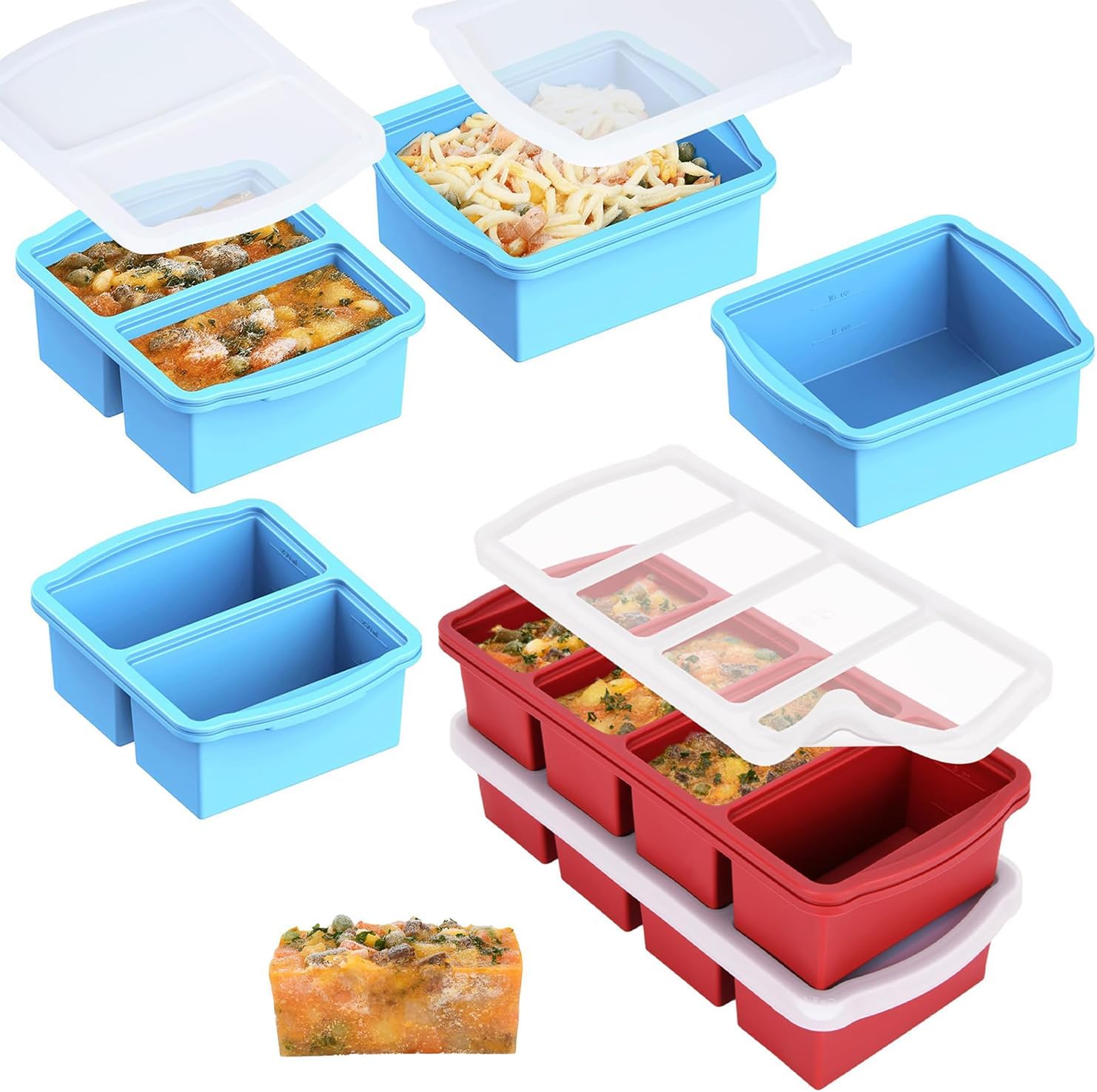 Silicone Freezer Trays with Lids, Set of 6 - with 1cup and 2 cup Silicone Freezer Molds for freezing soups, Large ice cube mold with reinforced steel ring, sauces and individual microwave safe