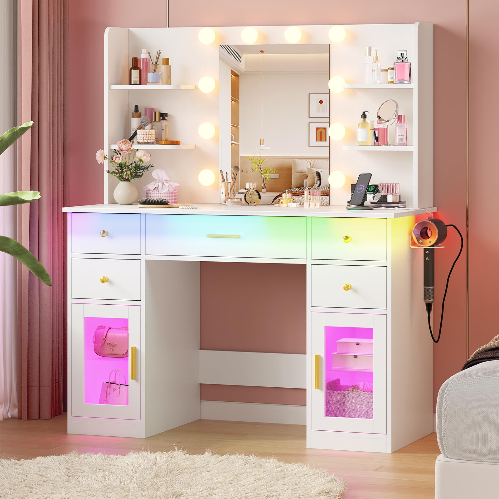 CSZZD White Vanity Desk with Mirror and Lights