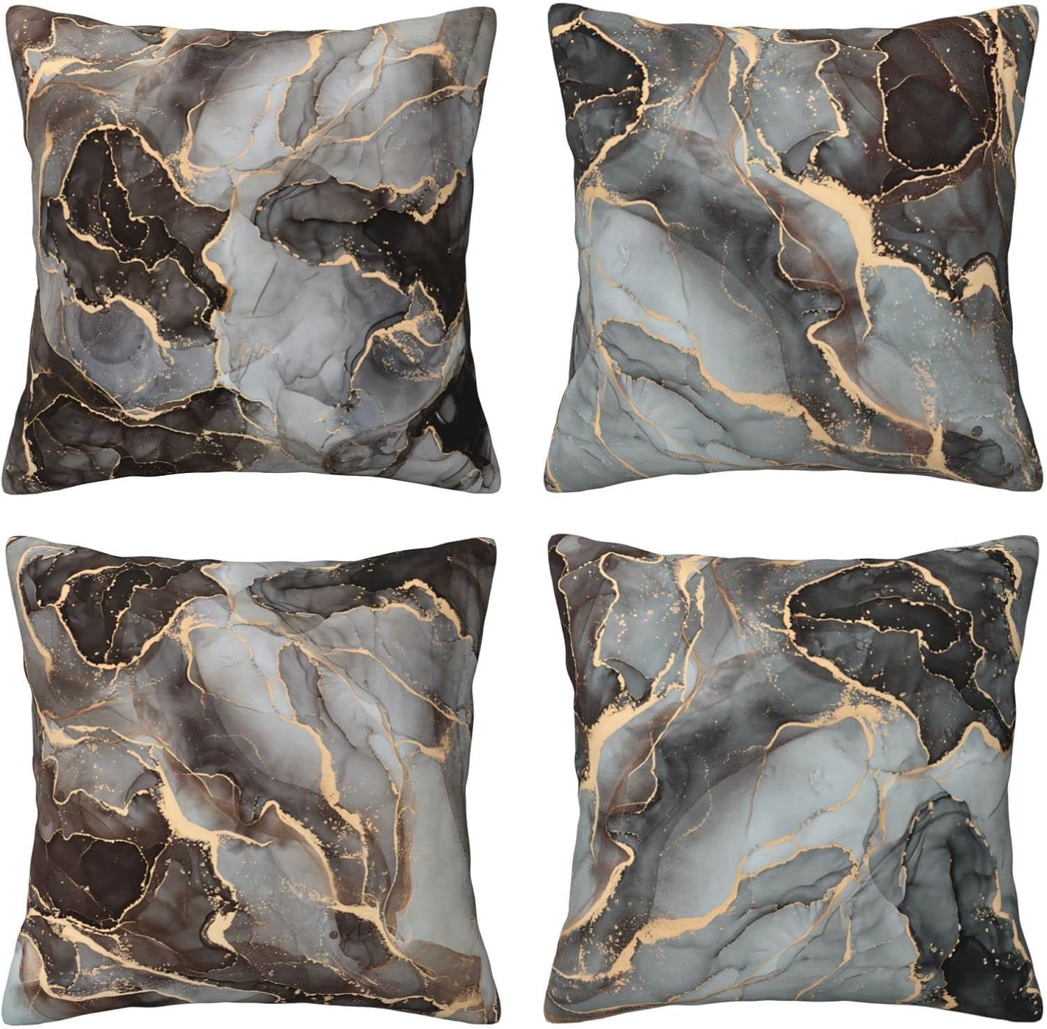 Marble Texture Black And Gray Gold Streaks Throw Pillow Covers Luxury Abstract Fluid Art Ink Soft Pillow Case Square Pillow Case Cushion Covers For Sofa Couch Living Room Home Decor 18"X18" Set Of 4