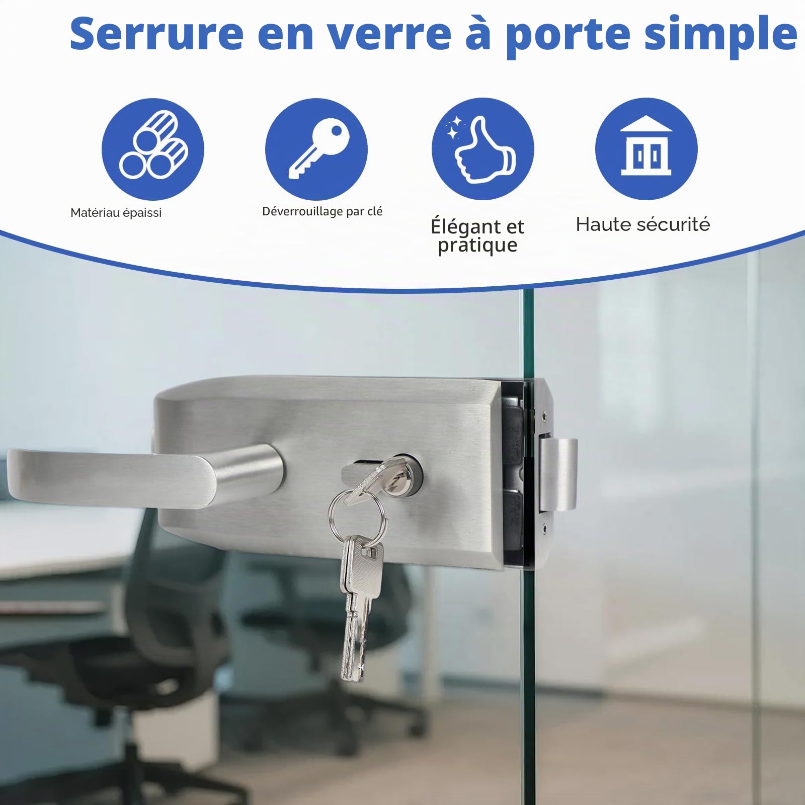 Serrure de porte en verre en acier inoxydable, poignée de porte avec 3 clés, poignée de porte en acier inoxydable mat avec encoche pour verre, bureau, salle de bain, chambre à coucher, balcon