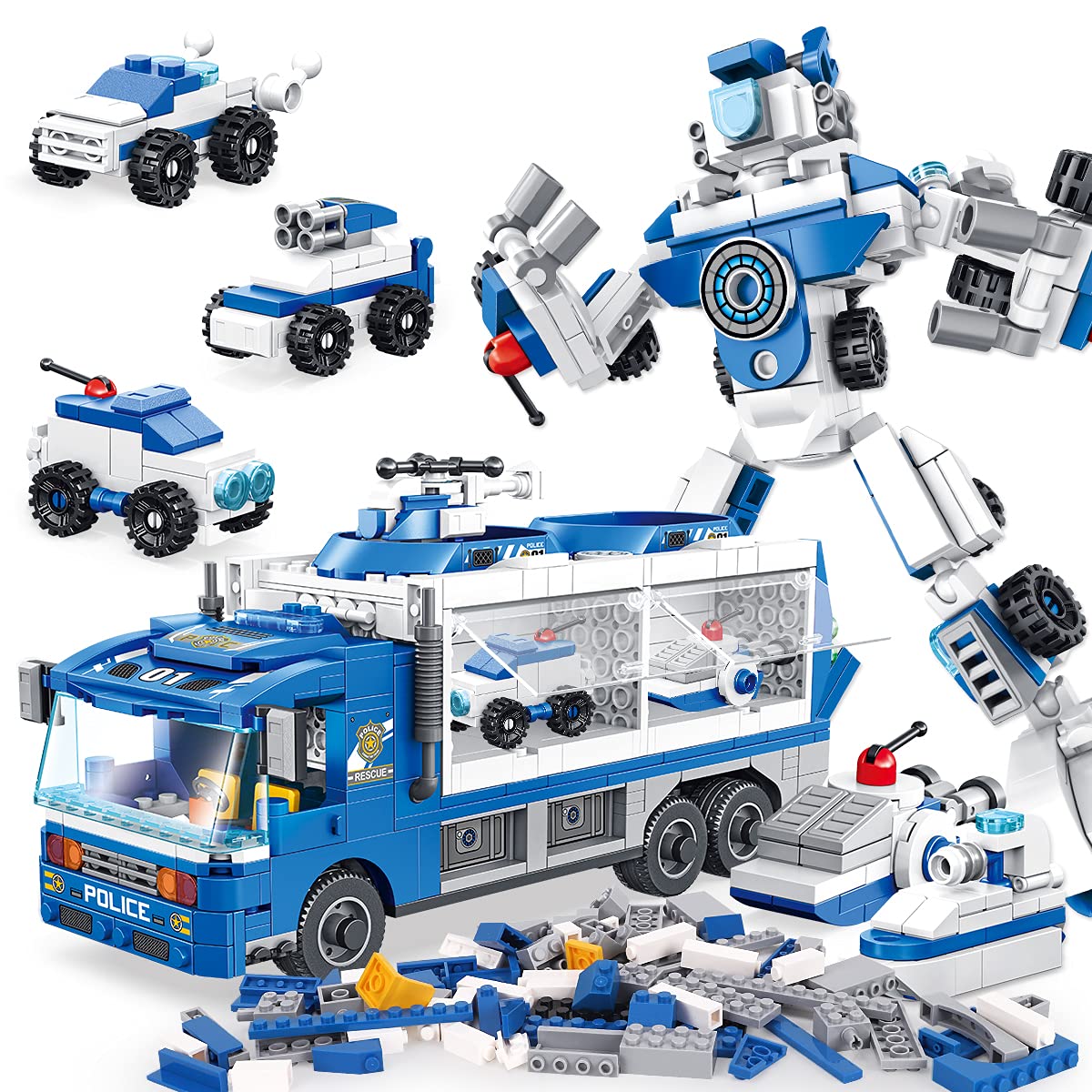 PANLOS 653 PCS Robot Building Toy, 6-in-1 Kids Engineering Police Car Building Blocks Kit, STEM Learning Building Bricks Toys Set for Kids Children Boys & Girls Age 4-8