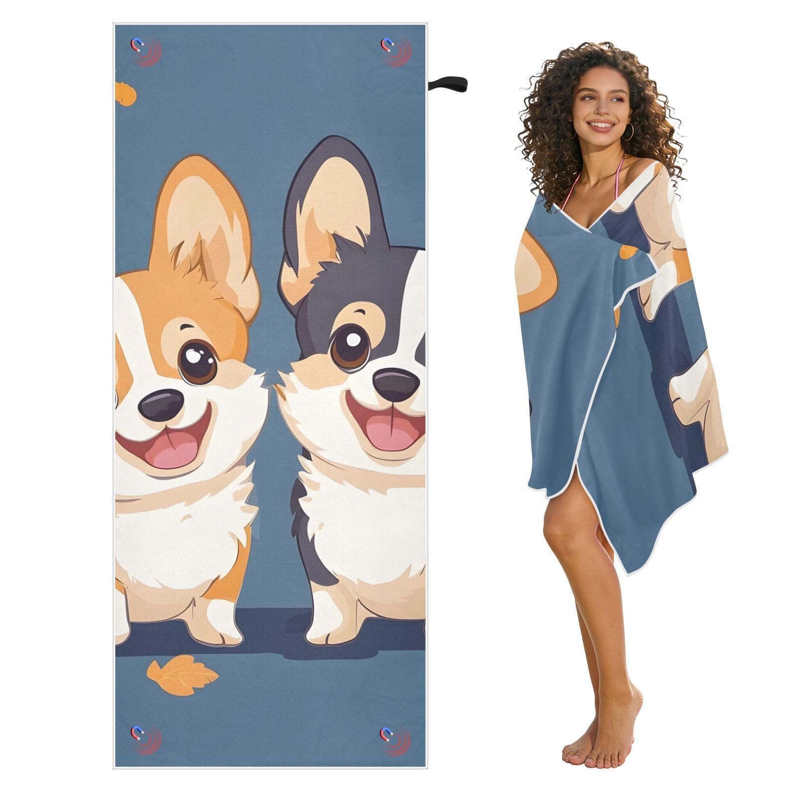 Toallas de playa grandes con bolsas de malla para adultos, toalla de baño de perros Corgi con cierre magnético, toalla absorbente de secado rápido para piscina, camping y viajes, 190 x 80 cm