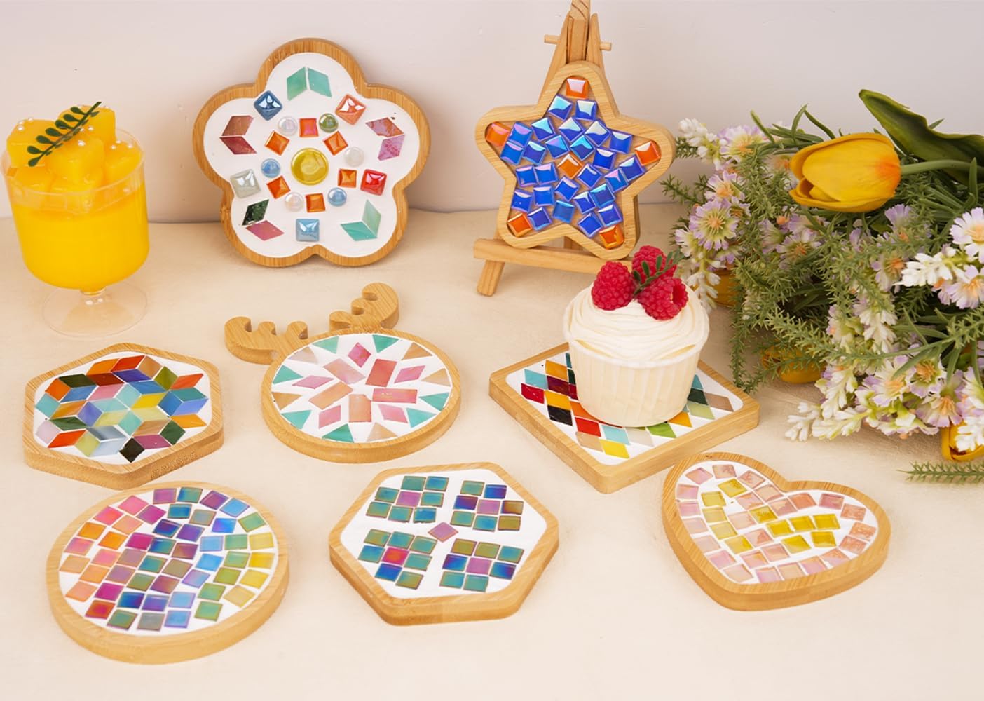 CHICSHIS 14pcs Mini Mixed Shapes Mosaic Bases Kit for DIY Mosaic Coasters, Wood Stained Glass Substrates for Crafts, Blank Wooden Tray Ideal for Home Decor and Handcrafted Glass Pieces Artworks