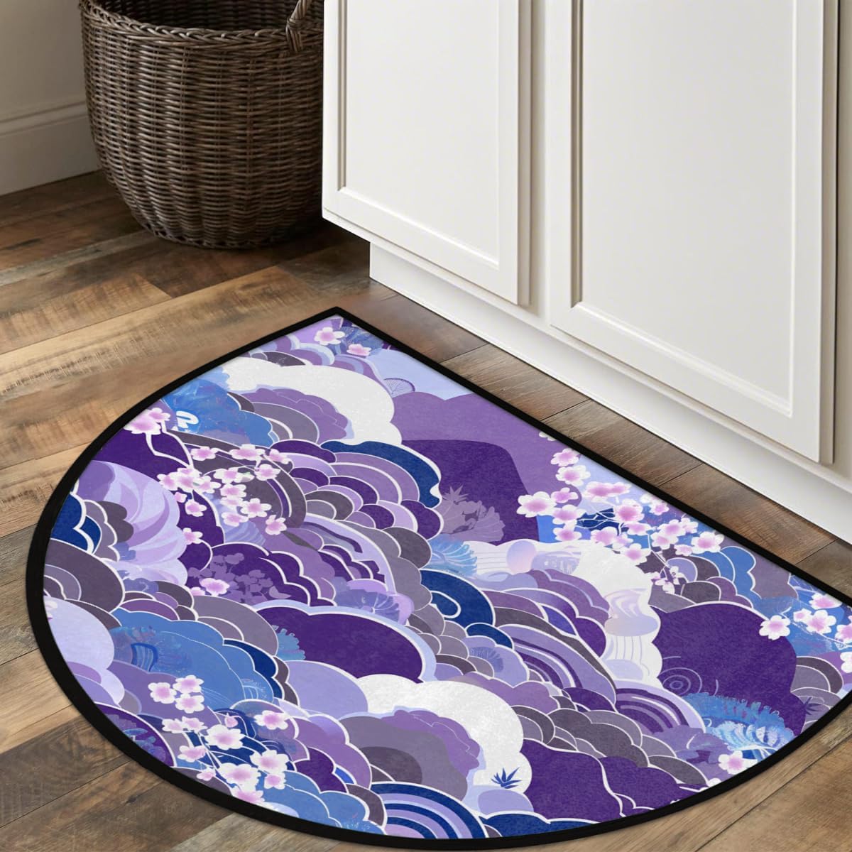 Japanese Cherry Blossom Clouds Half Round Doormat, Non-Slip Entryway Rug, Soft Absorbent Microfiber, Indoor Half Circle Door Mat for Hallway Bedroom Garage Patio Home Decor 24 x 36 in