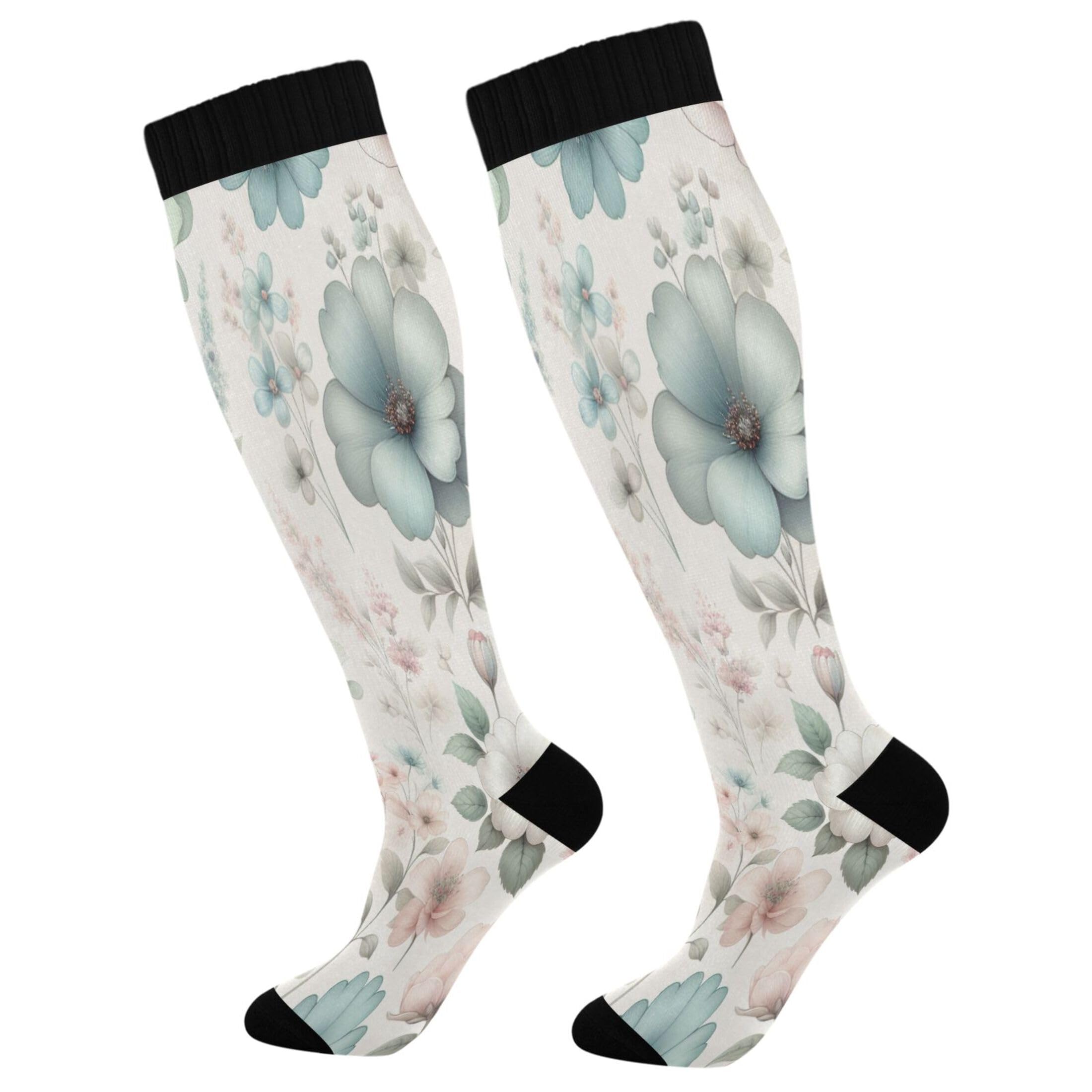 Burbuja Watercolor Flowers Compression Socks for Women Men (20-30mmHg), Knee High Socks Circulation Support for Sport Running Hiking Nurse, 1 Pair
