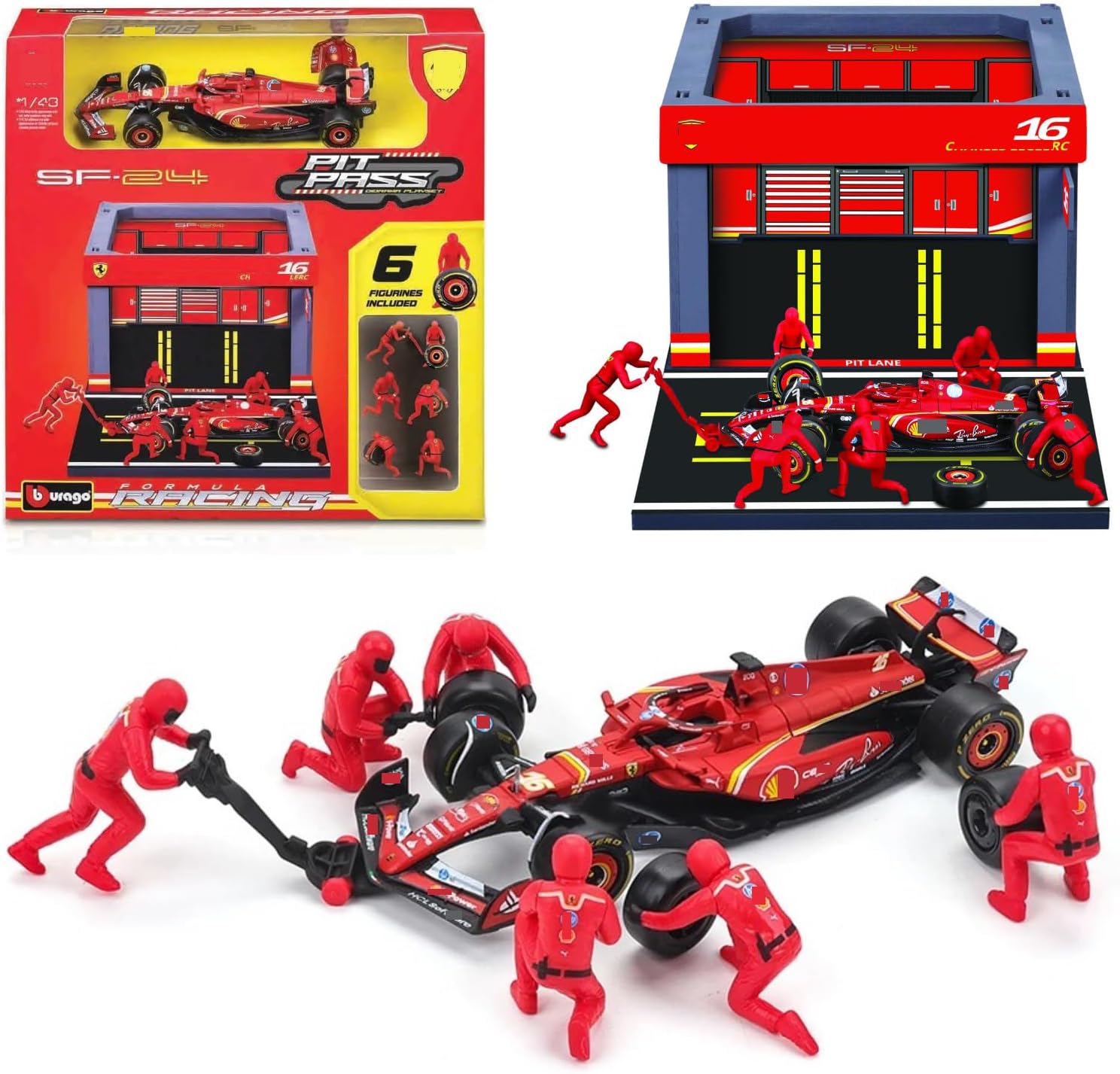 HTLNUZD 1/43 F1 SF24#16 Racing Car Pit Lane DieCast Alloy Model with 6 Pit Crew Figures - Adult Collectible Gift for F1 Fans