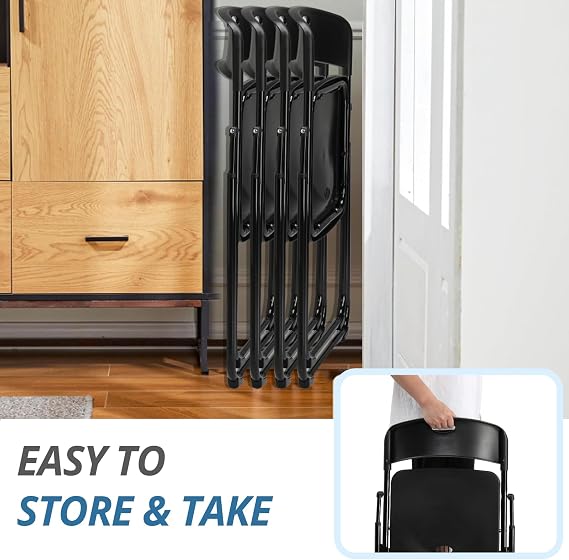 Karl home 4 Pcs Folding Chair, 300LBS Lightweight Foldable Plastic Chair, Reinforced Metal Frame Easy to Fold & Store for Indoor & Outdoor, Wedding, Party, Meeting Room, Patio and Garden, Black