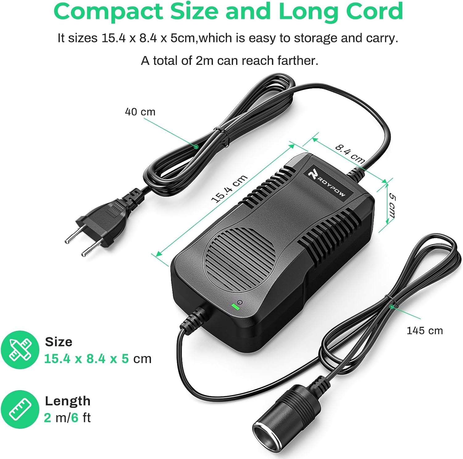 Dimensions of the RoyPow C180 adapter and its cables