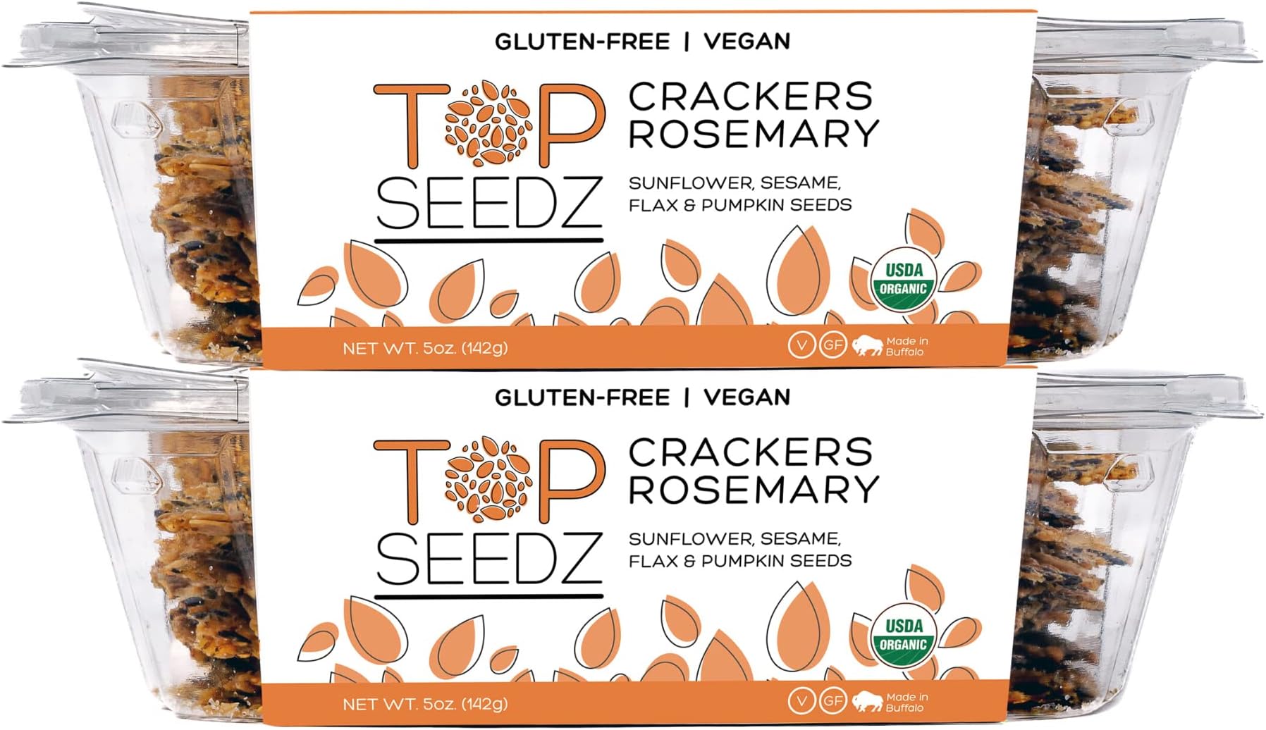 Top Seedz Certified Organic Gluten Free Rosemary Seed Crackers | 2-Pack | 5 Ounces | Healthy Vegan Crackers with Plant Based Protein | Made of Sunflower, Flax, Sesame and Pumpkin Seed