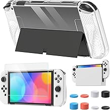 Dockable Case for Switch OLED, Upgrade 3 in 1 Protective Clear Hard PC Back Cover Case for Switch OLED and TPU Grip Cover Case for Joy Con Controller with Screen Protector and 8 Thumb Grips