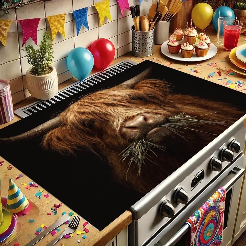 Highland Cow Stove Top Covers for Electric Stove, 28.35x20.47in Decorative Stove Glass Front Cover, Highland Cow Stove Cover & Gas Stove Mat for Rustic Highland Cow Kitchen Decor