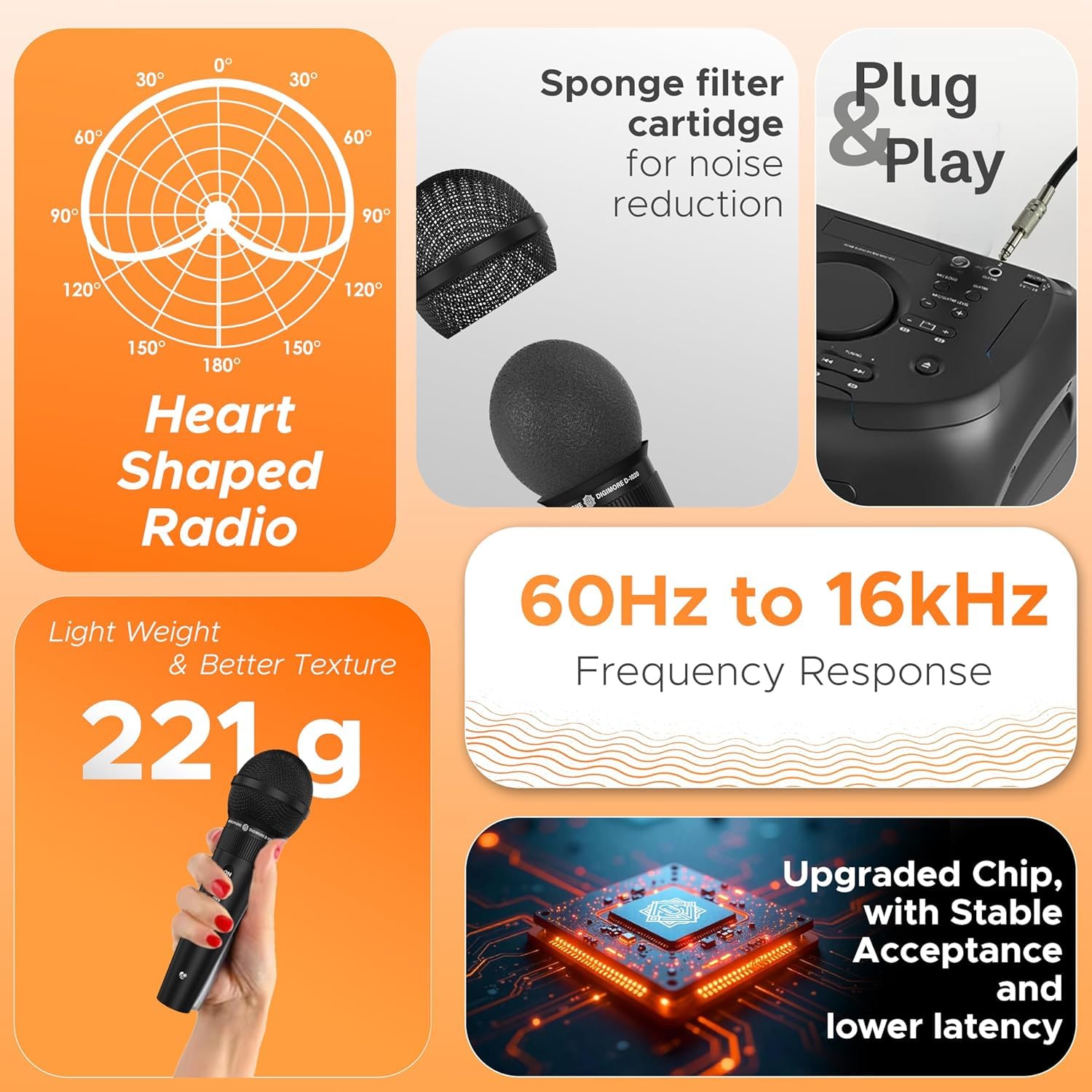 DIGIMORE Super-kardioidalny mikrofon dynamiczny, przewodowy mikrofon z kablem XLR 6 m i uchwytem na mikrofon, do wokalu, śpiewania, karaoke, występów na żywo, studia, systemu nagłośnienia, nagrywania