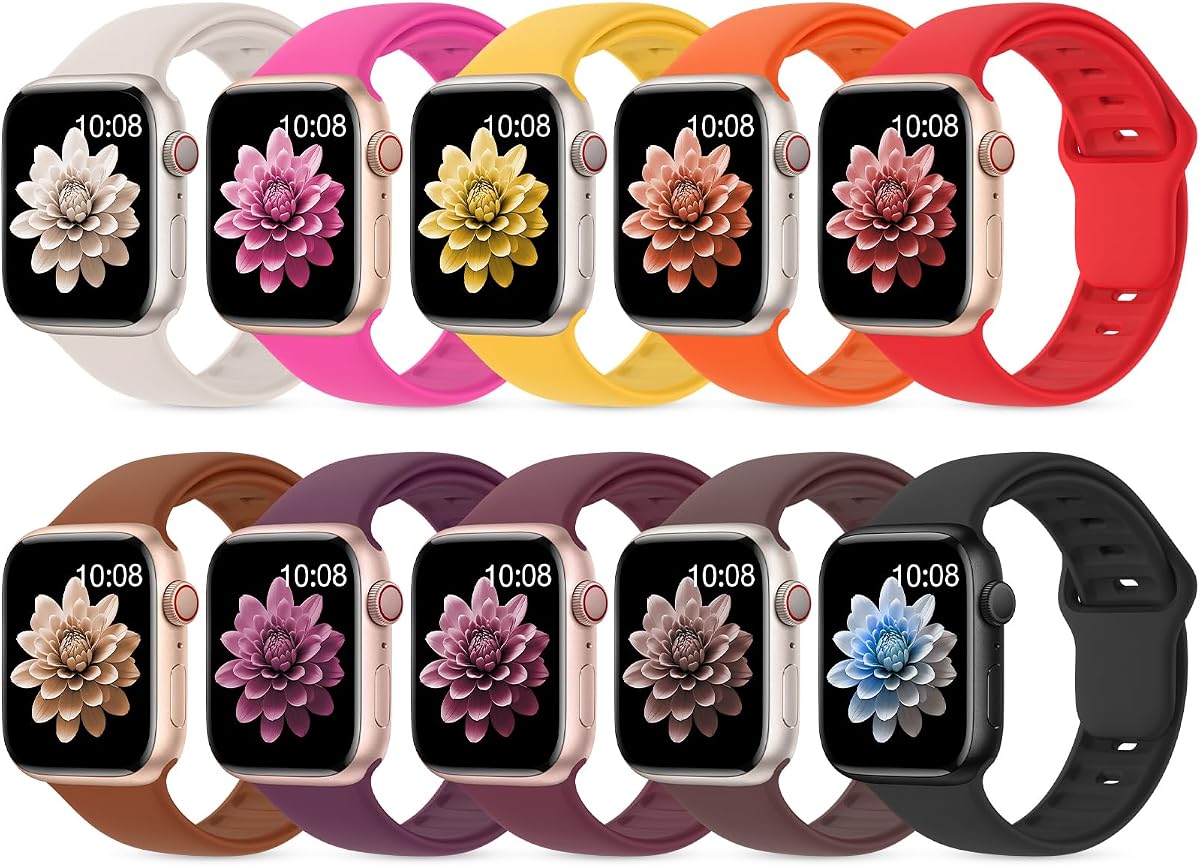 Paquete de 10 bandas deportivas de silicona compatibles con Apple Watch Band mujeres hombres | 38 mm 40 mm 41 mm 42 mm 44 mm 45 mm 46 mm 49 mm pulsera suave impermeable para iWatch Series 11 10 9 8 7 6 5 4 3 2 1 SE Ultra