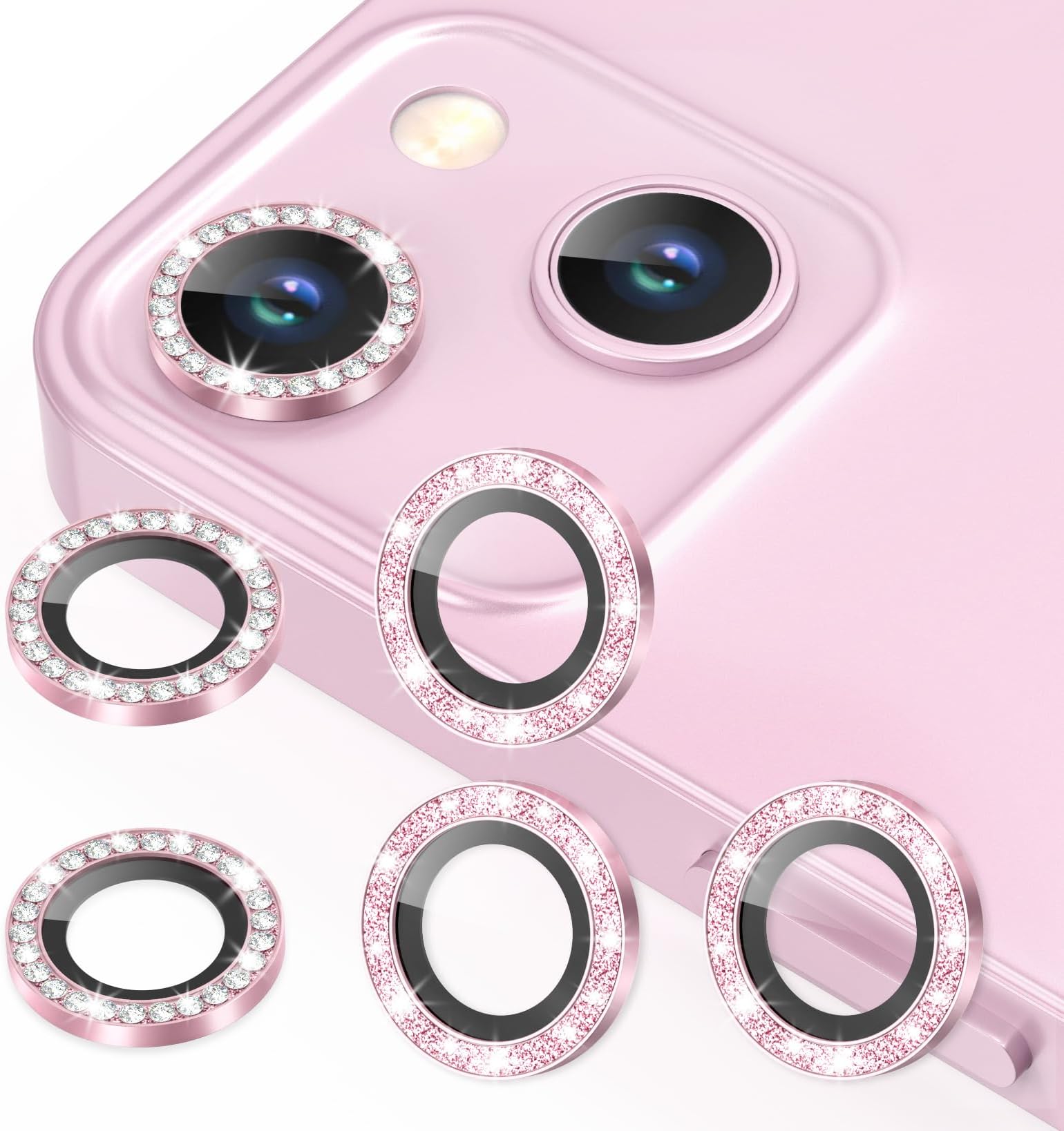 3+3 6 Pack for iPhone 13 6.1" / 13 Mini 5.4" Camera Lens Protector, Bling Diamond & Bling Glitter Metal Ring 9H Tempered HD Glass Camera Cover Film, Bling-Pink