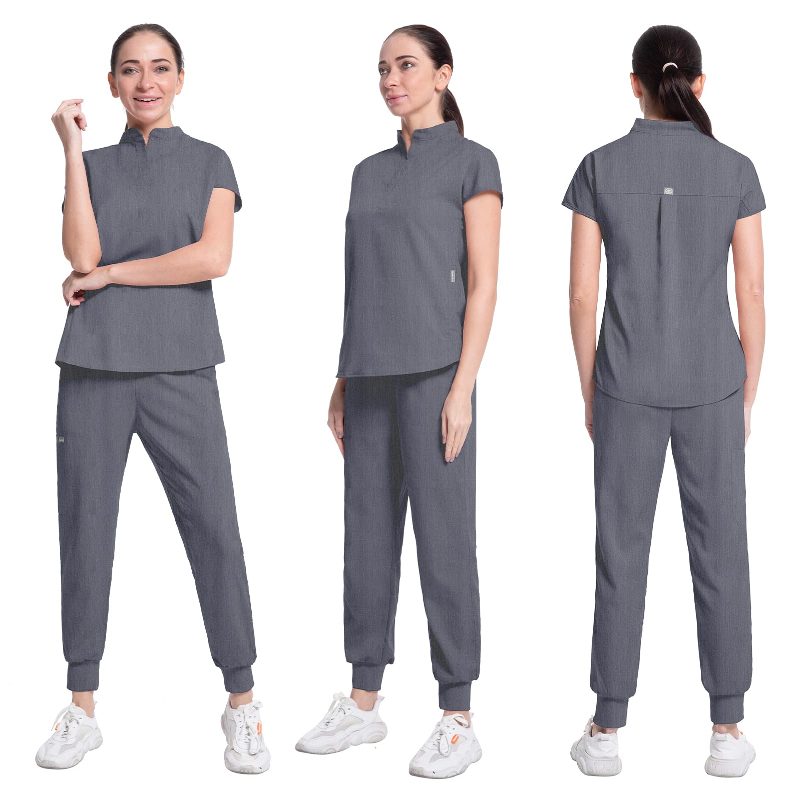 Women's Jogger Scrub Set with Pocket Medical Uniforms Include V-Neck Scrub Top and Pant Fitted Stretch Scrub Set-12 Color (Grey,L,Large)