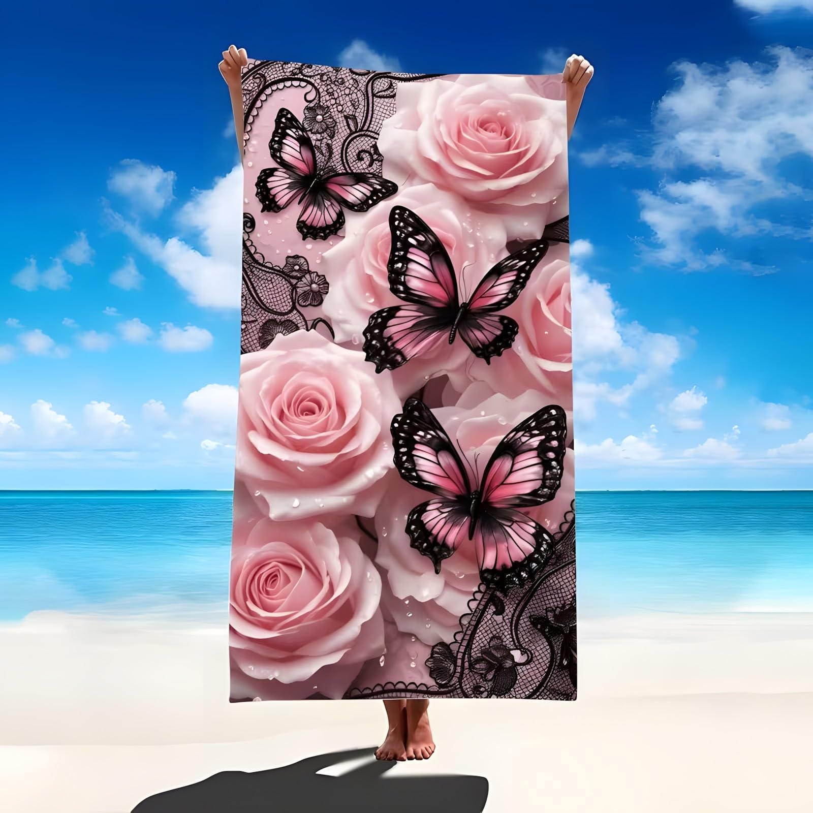YZQGLHP Rose Microfibre Beach Towel Butterflies Beach Bath Towel Quick Drying, Lightweight, Sand-Free, Durable, for Pool, Gym, Camping, Travel Towel 90x160cm