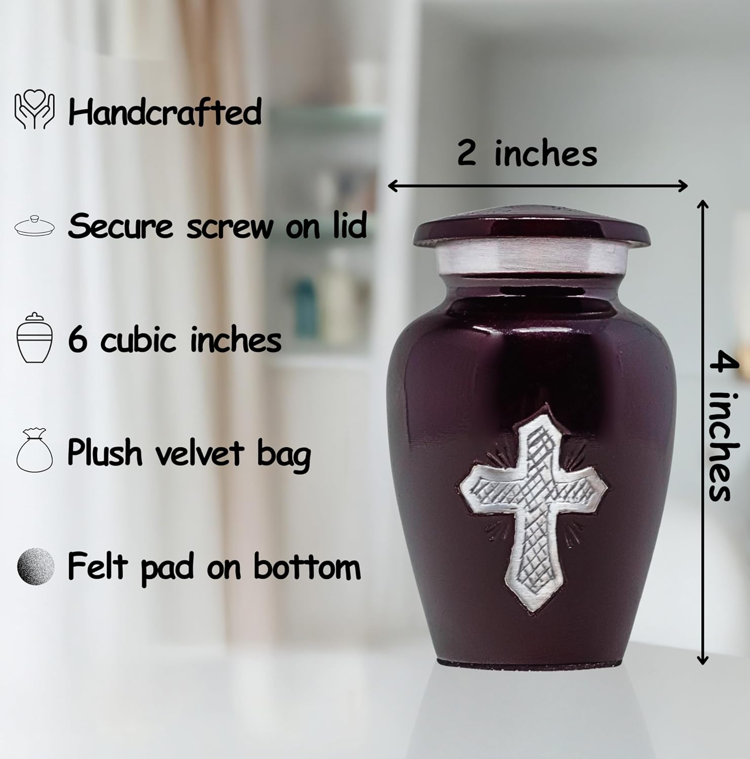 Small Urns for Human Ashes – Hand-Polished Keepsake Memorial Cremation Urn Cross with Velvet Bag – Elegant Display Piece for Adult Male Female or Pet Remains - Maroon