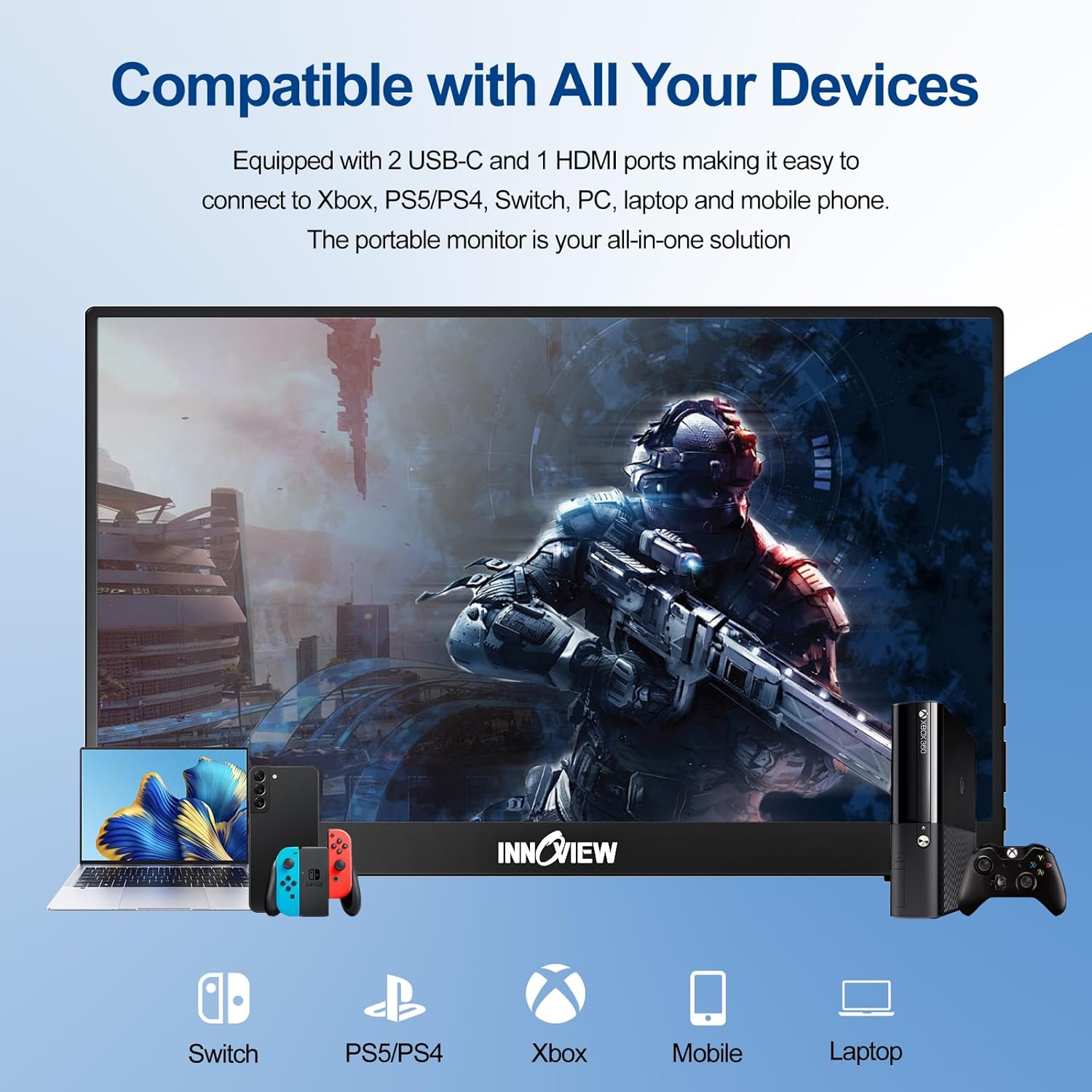 InnoView Portable Monitor 15.6" 1080P Portable Monitor for Laptop with Protective Sleeve Built-in 90° Adjustable Stand USB C HDMI Ultra-Slim Laptop Screen Extender for MacBook Phone PS Xbox Switch - Image 4