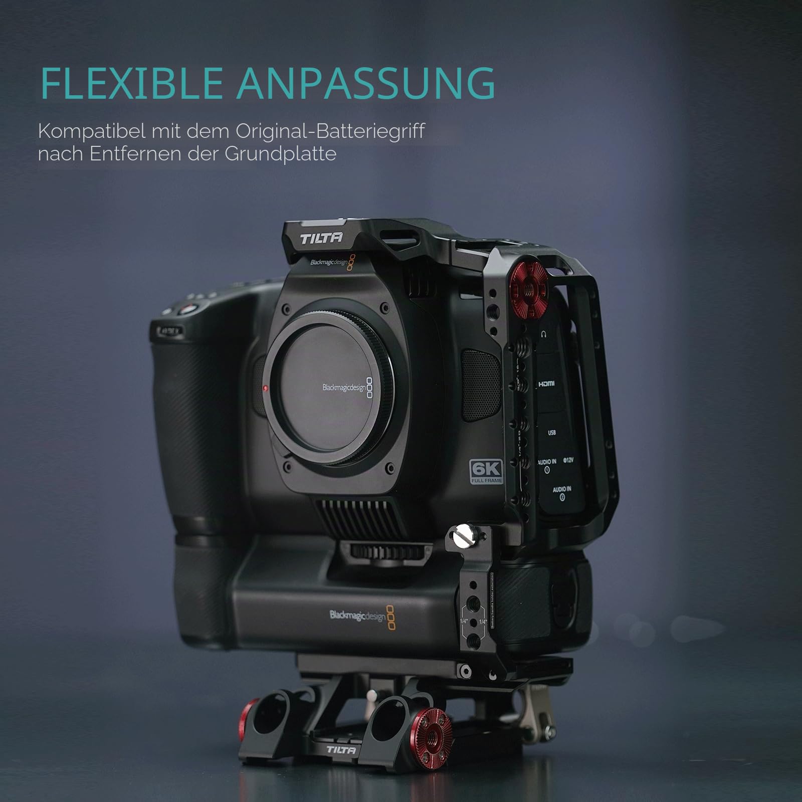 TILTA, BMCC-Käfig, vollständiger Kamerakäfig kompatibel mit BMCC 6K, Blackmagic Cinema Camera 6K mit Zubehör-Montagehalterung für Batteriegriff – Schwarz TA-T64-FCC-B