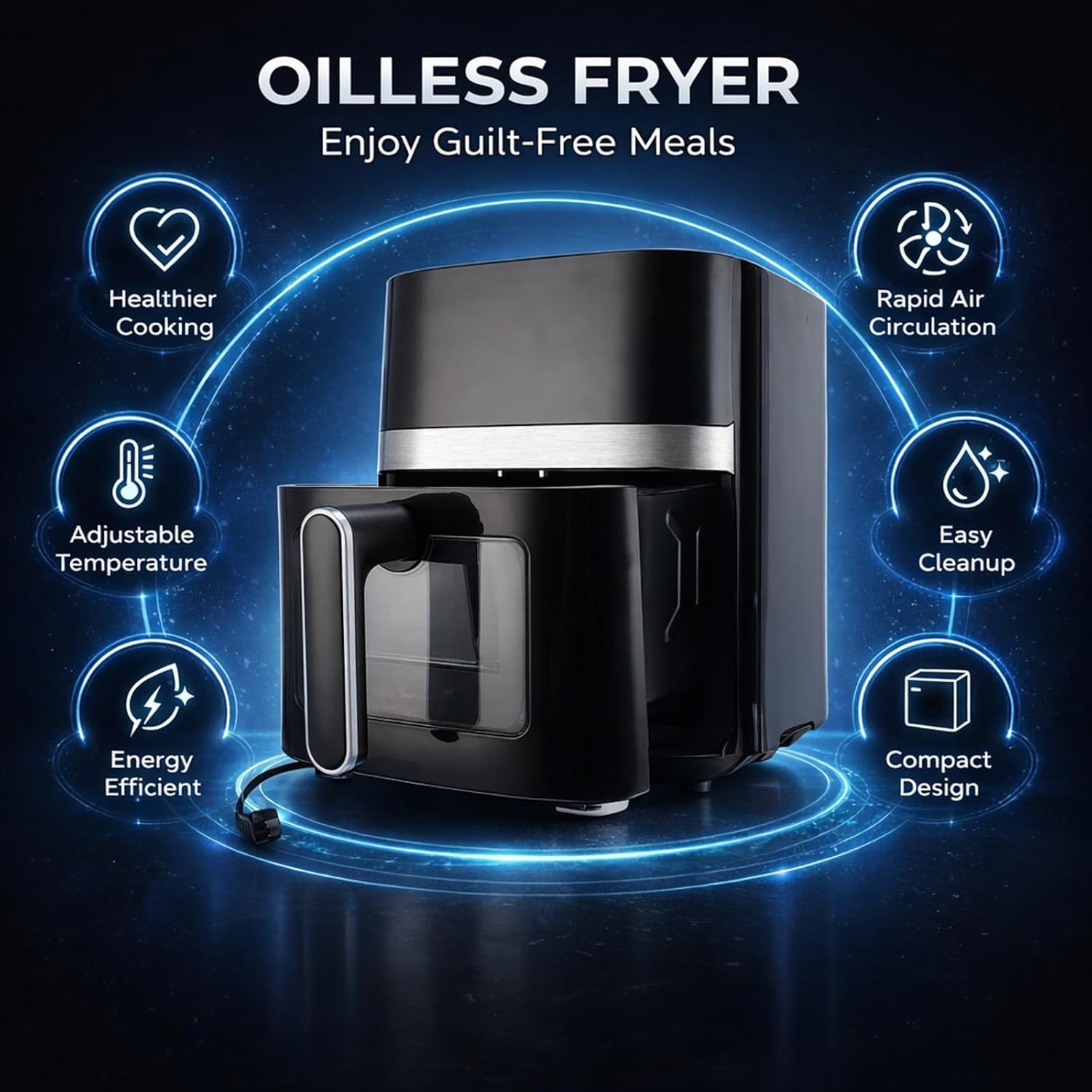 5 Quart Oilless Fryer Black, Large Capacity Electric Cooker with Visual Window and Color Display - Fully Automatic, Eight Preset Functions, Healthier Frying for Chicken and Fries
