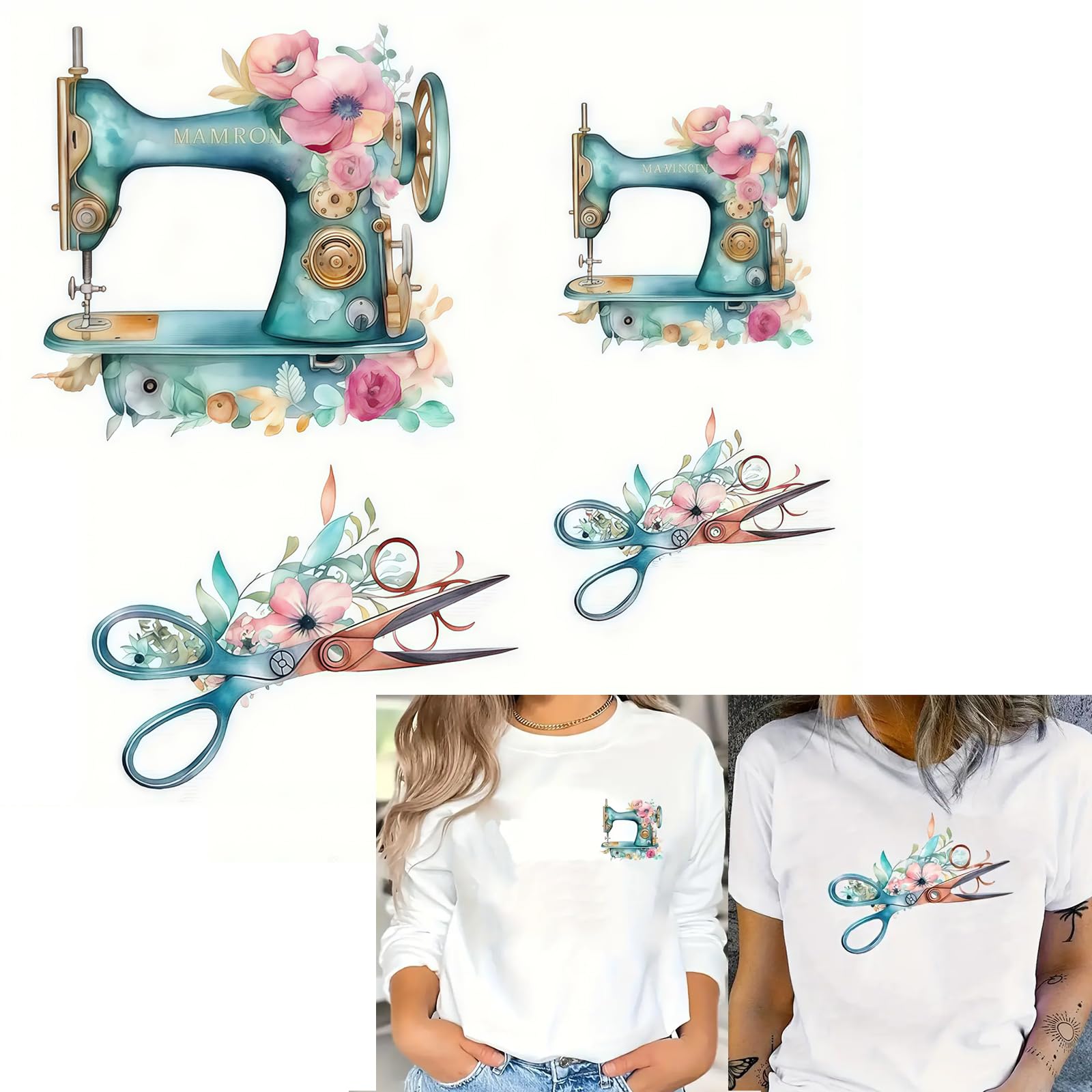 4pcs Sewing Machine Scissors Flowers Designs Iron On Transfers for T-Shirts Rub on Transfers Stickers Vinyl Ready to Press Stickers Iron on Decals for T-Shirts Clothing Hoodie DIY Crafts