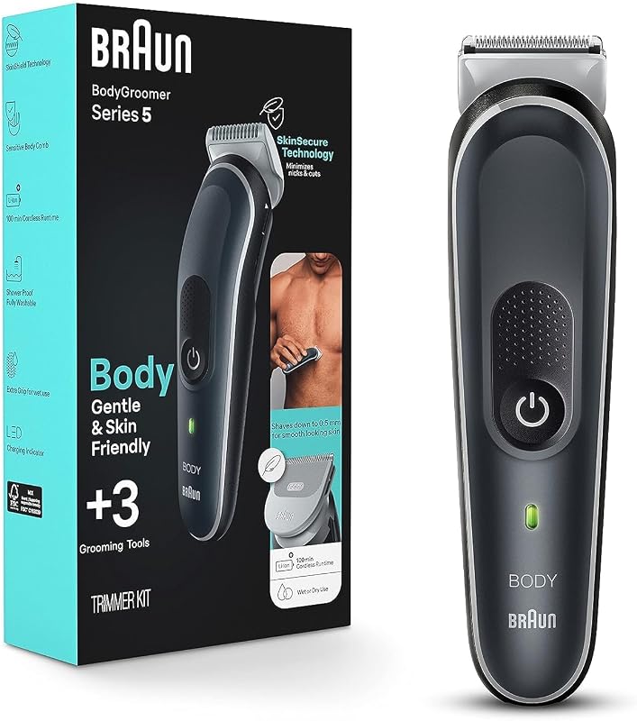 Body Groomer 5 for Men, BG5340, Manscaping Tool, SkinShield Technology, Sensitive Comb, Lifetime Sharp Metal Blade, Body Groomer for Men, Gray/White