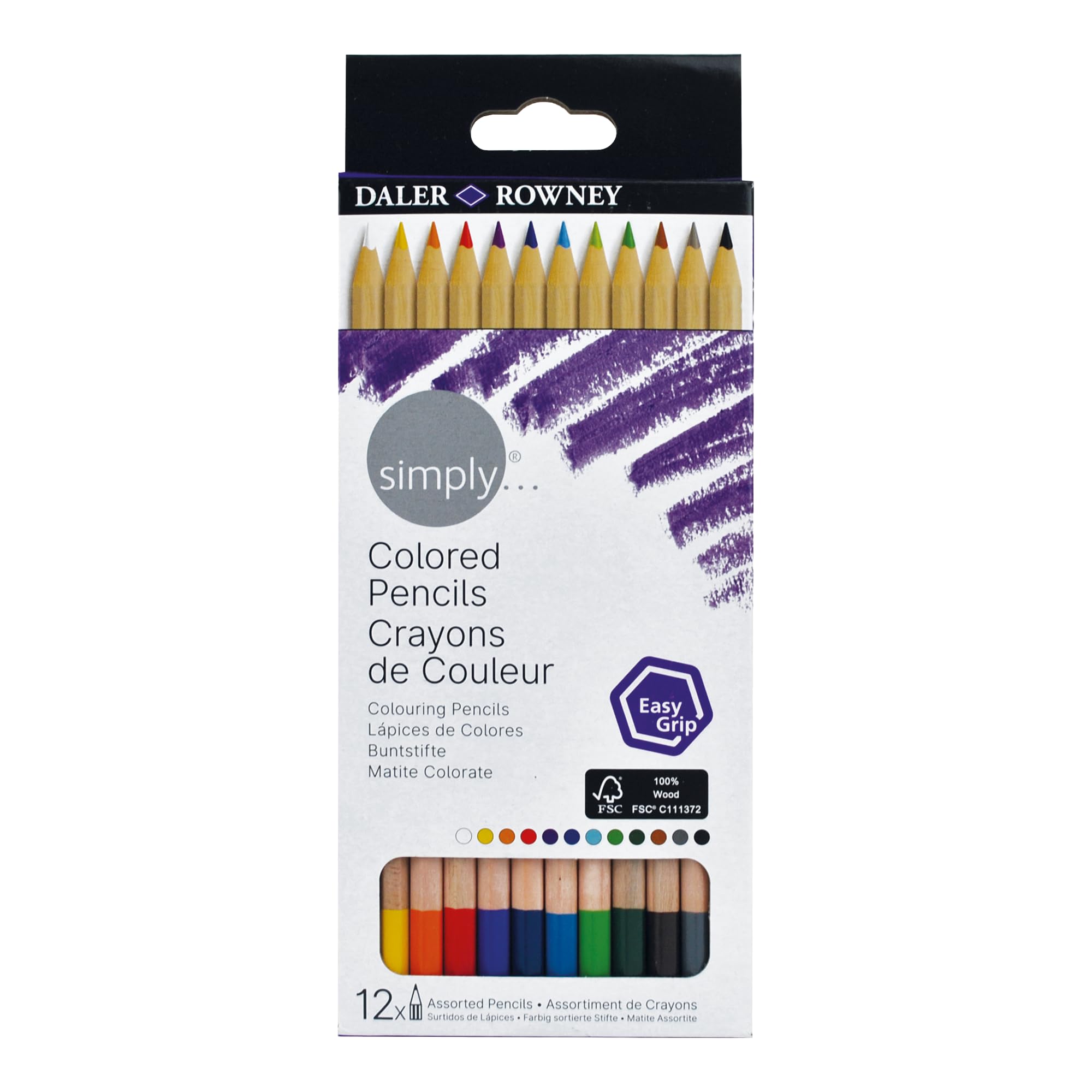 Daler-Rowney Simply Hex Colouring Pencil Set, 12 Assorted Colours, For Entry-Level Artists & Hobbyists
