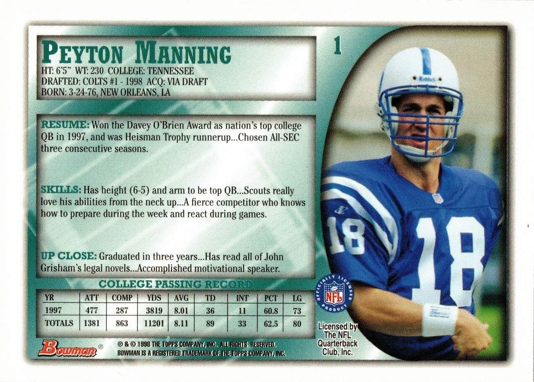 1998 Bowman Football #1 Peyton Manning Rookie Card
