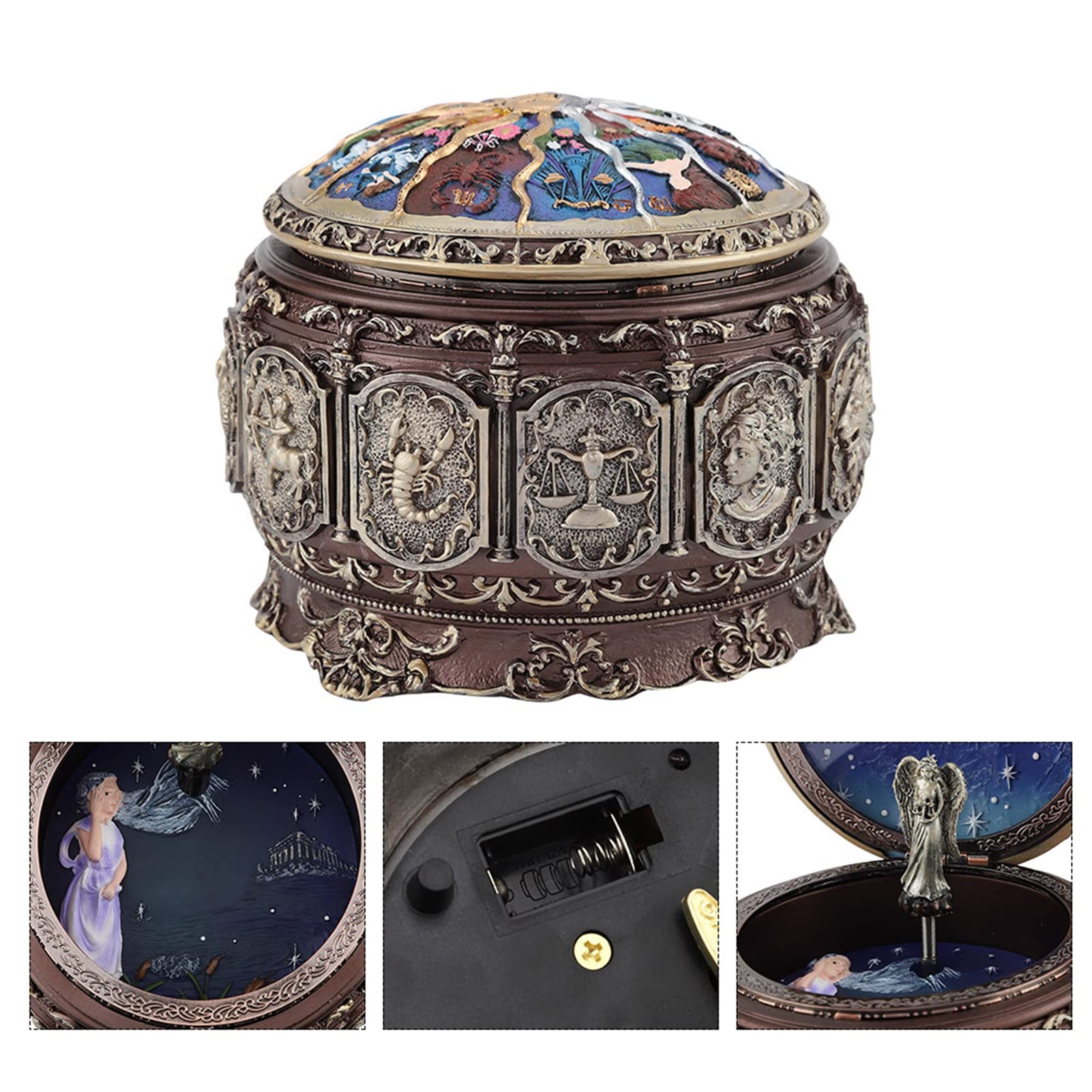 MAGT Caja de música vintage, 12 constelaciones, caja de música con constelaciones giratorias, diosa giratoria, luces LED brillantes, regalos para Navidad, San Valentín, cumpleaños (Libra)