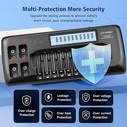 Miniatura 5 de Cargador de batería AA AAA de 10+4 bahías con pantalla LCD, 10 bahías para baterías NiMH NiMH NiMH NiCd de 1.2 V, 4 bahías para baterías recargables