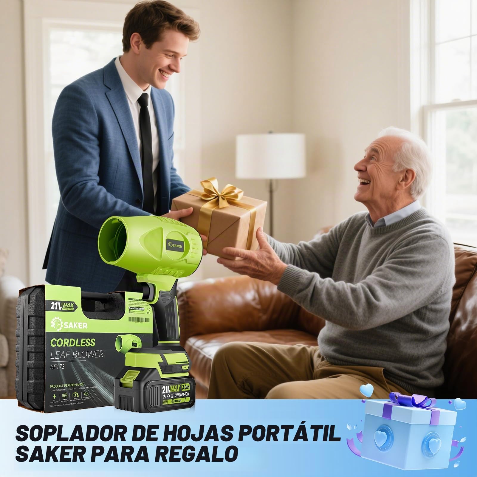Saker Soplador de hojas inalámbrico portátil limpiador de polvo soplador de mano 180000 RPM con velocidad ajustable para el cuidado del césped y limpieza de polvo del patio, 2 baterías, verde con