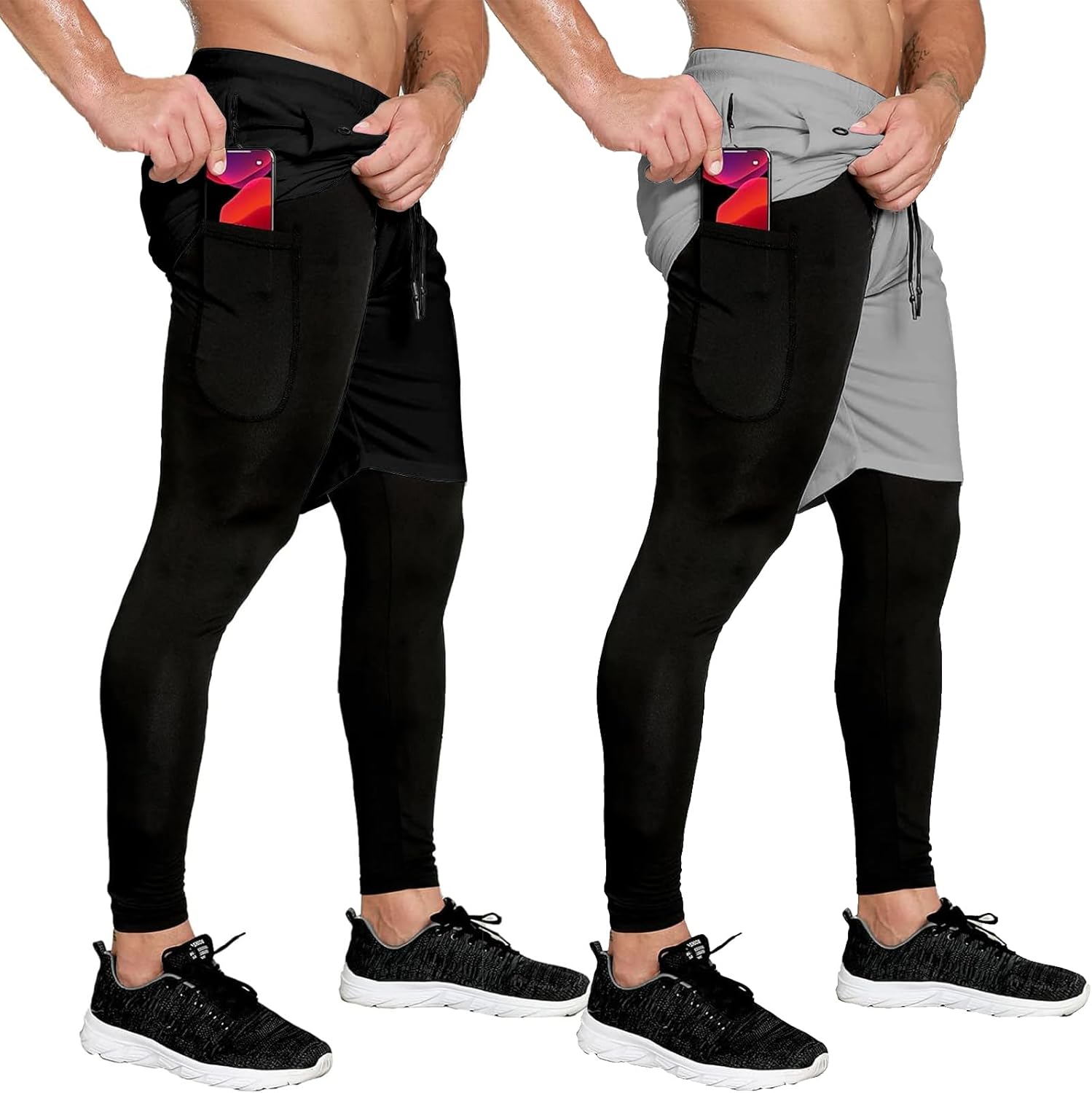 OEBLD Mens 2 in 1 Athletic Running Pants Quick Dry Gym Workout Shorts for Men Compression Pants with Pockets