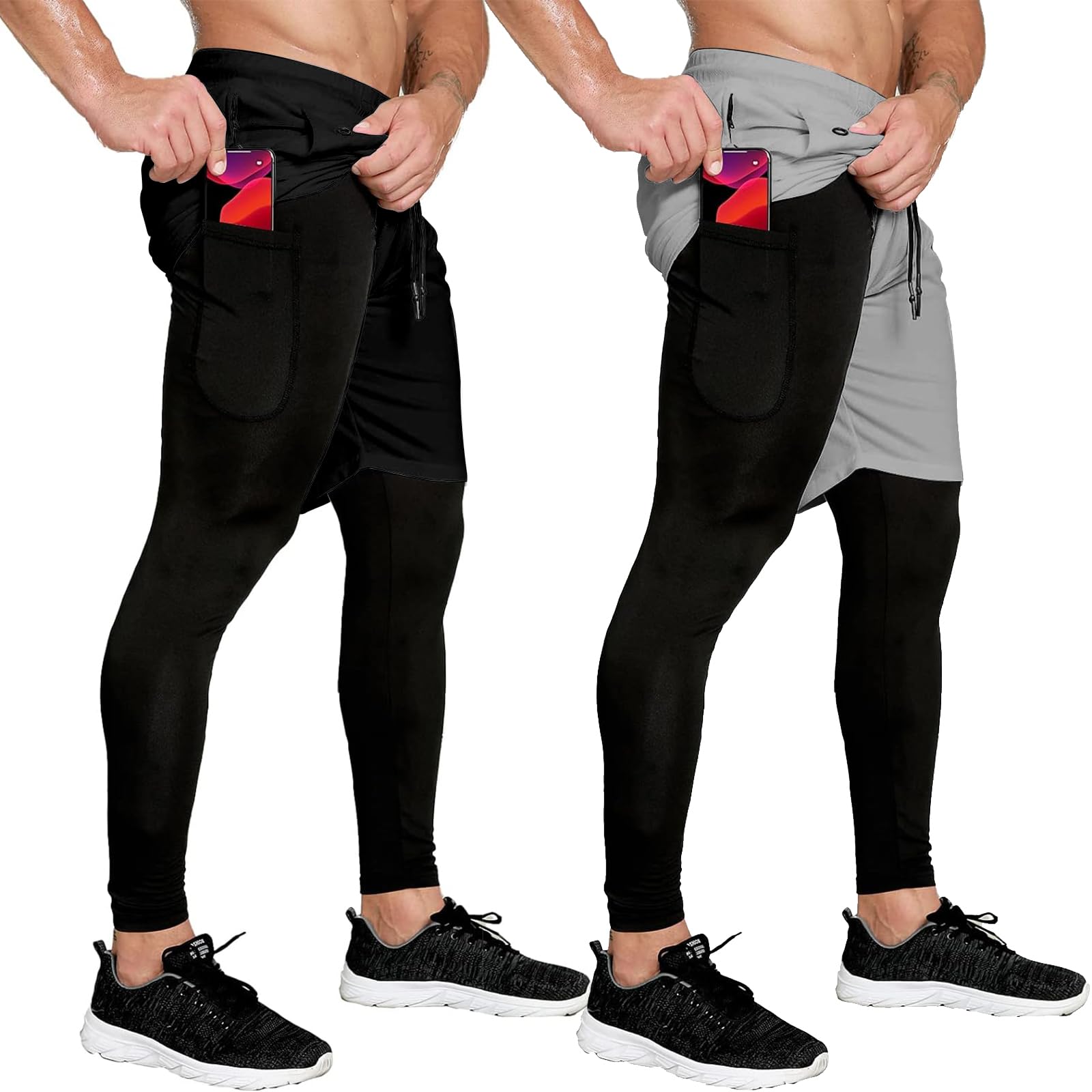 OEBLD Mens 2 in 1 Athletic Running Pants Quick Dry Gym Workout Shorts for Men Compression Pants with Pockets