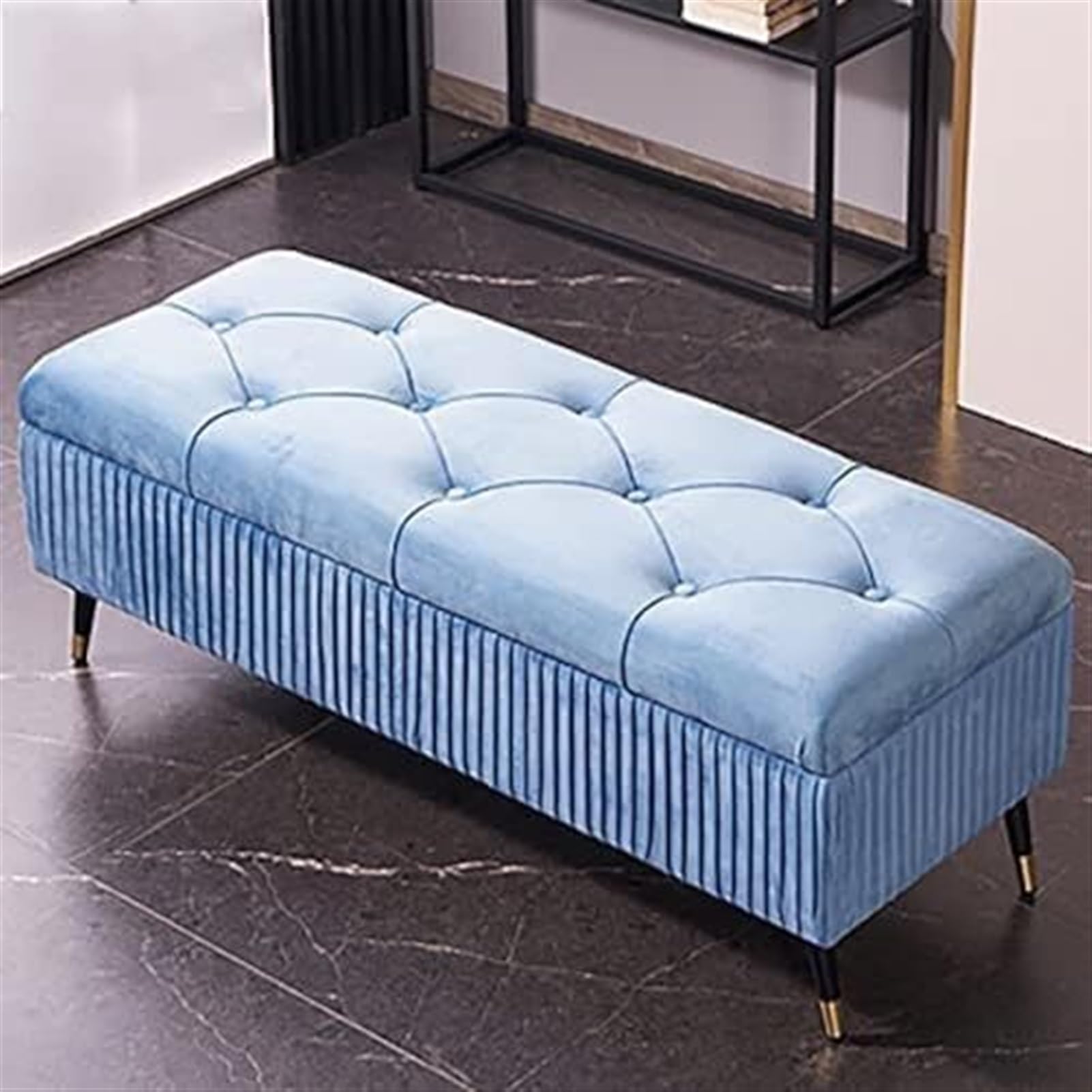 Ottomane Bank, gepolsterter Fußhocker, Sofahocker, Schuhhocker, Samt-Stauraumbank, luxuriöse gepolsterte Bettbank mit Stauraum, Moderne Schlafz(Hellblau-80x45x45cm